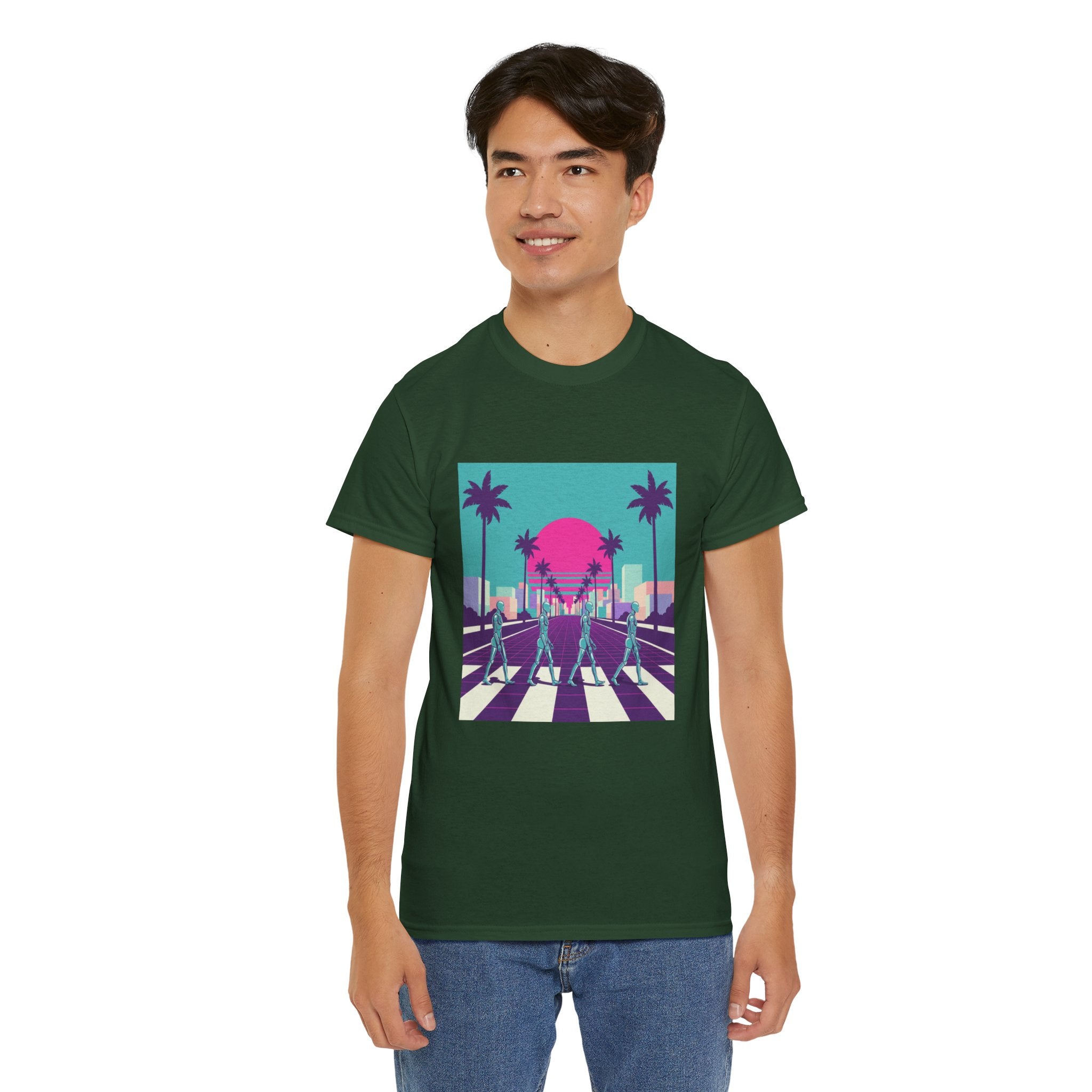 Retro Sunset Beach Tee — Vaporwave Palm Tree Skate Crossing T-Shirt