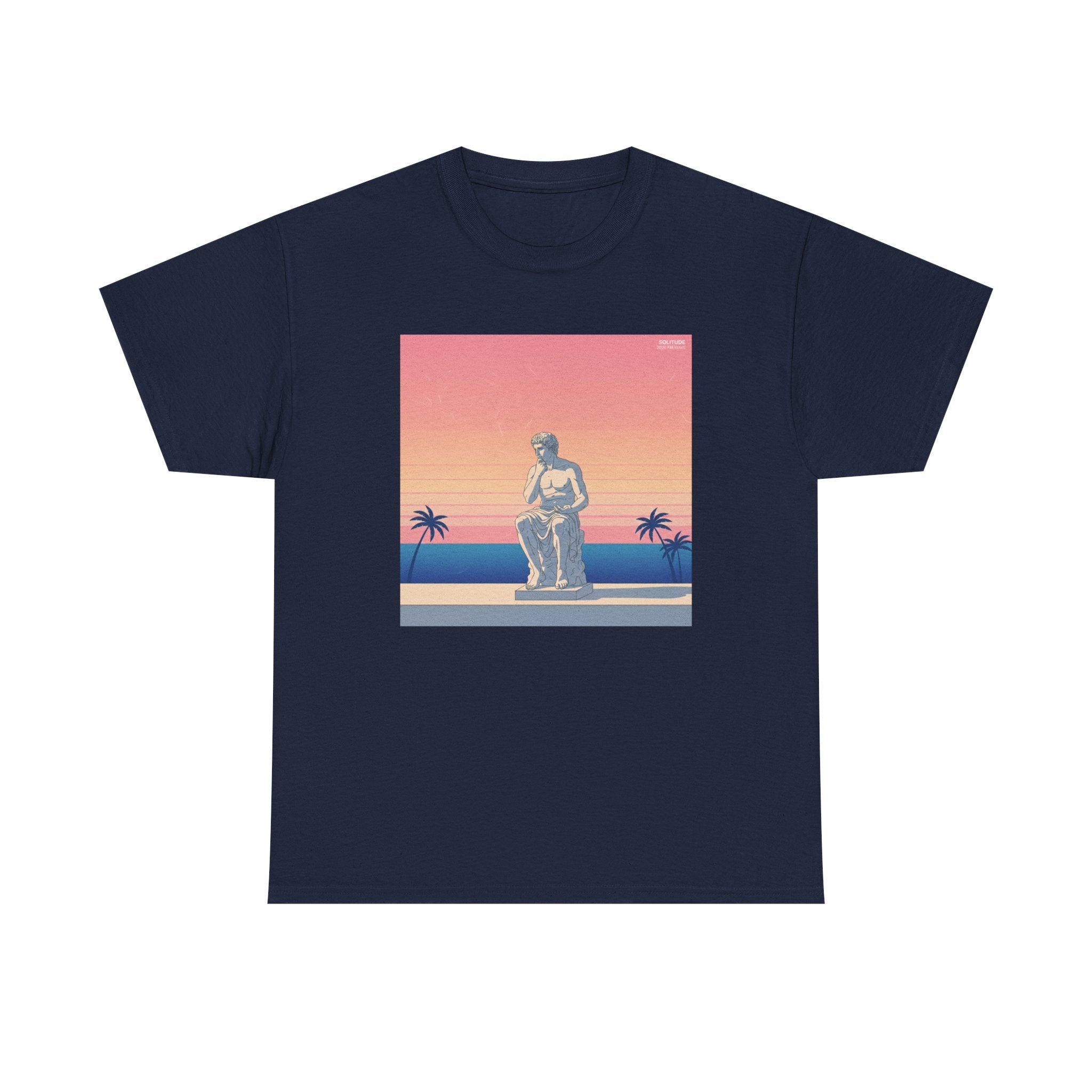 Retro Sunset Statue T-Shirt — Vaporwave Beach Graphic Tee