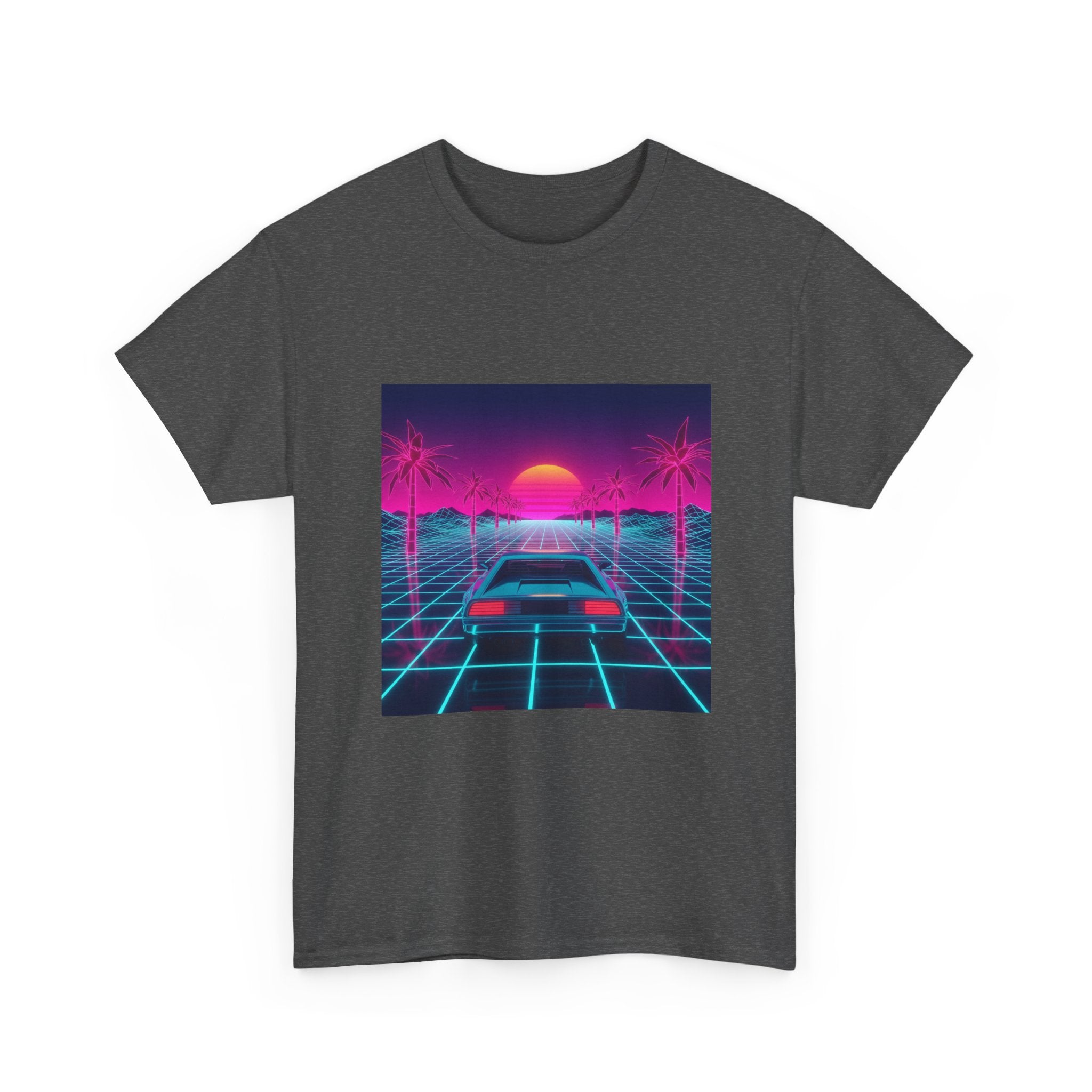 Vaporwave Sunset Drive Tee | Retro 80s Neon Car Grid Palm Trees