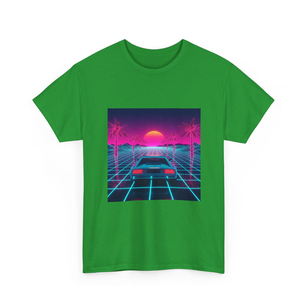 Vaporwave Sunset Drive Tee | Retro 80s Neon Car Grid Palm Trees