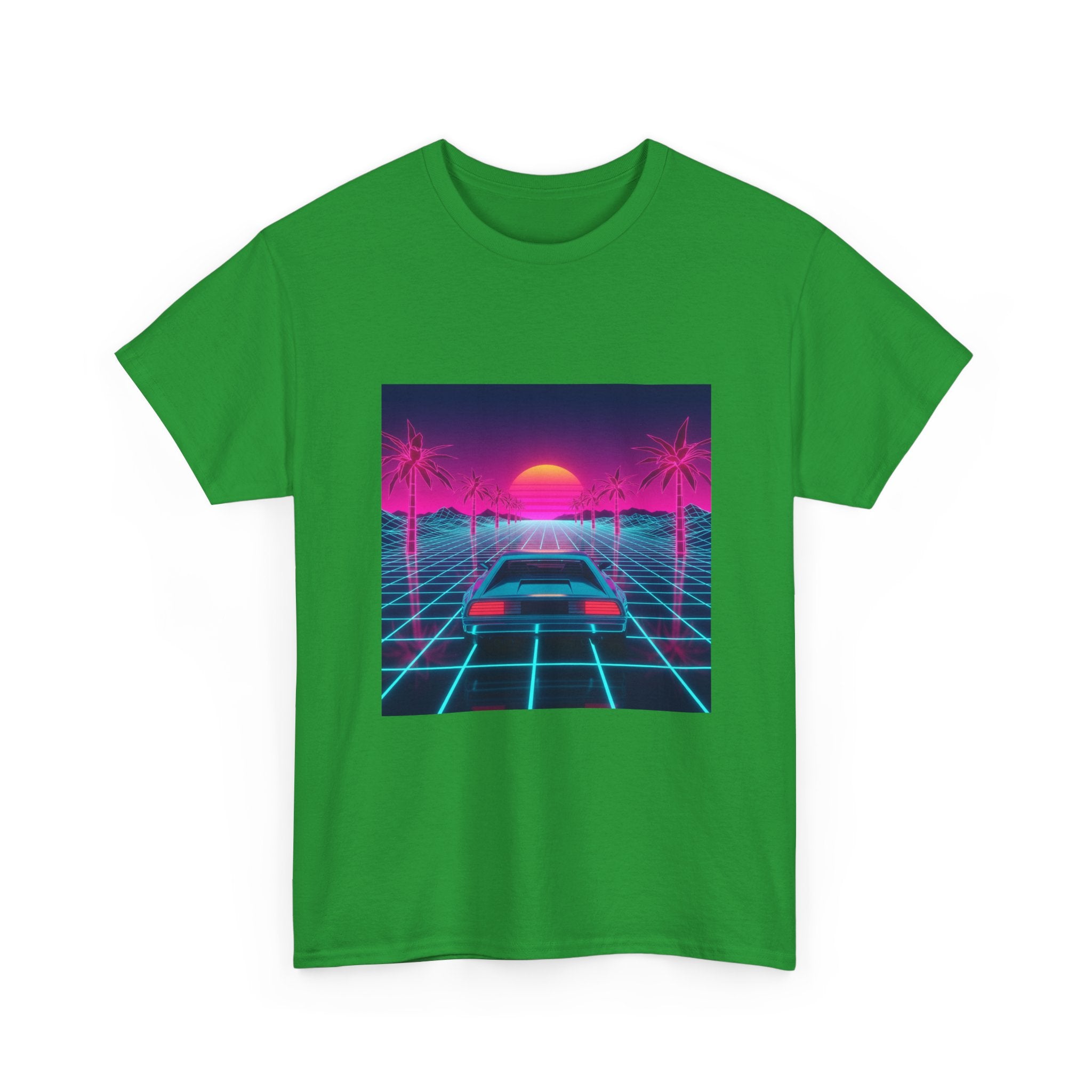 Vaporwave Sunset Drive Tee | Retro 80s Neon Car Grid Palm Trees