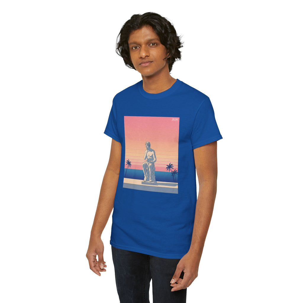 Retro Sunset Statue T-Shirt — Vaporwave Beach Graphic Tee