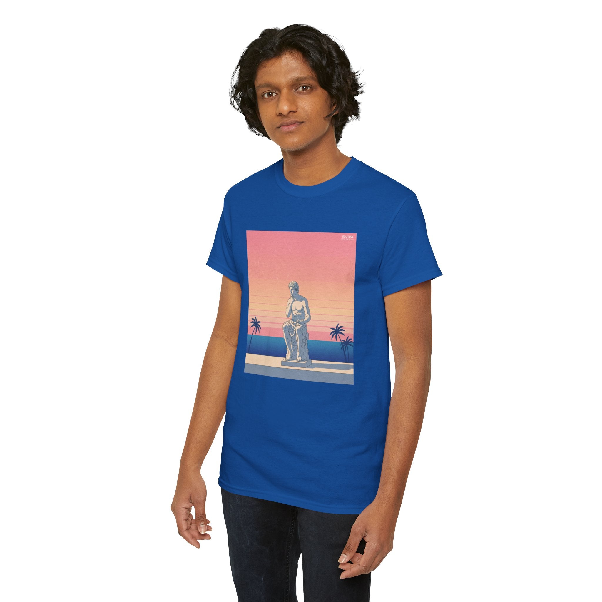 Retro Sunset Statue T-Shirt — Vaporwave Beach Graphic Tee