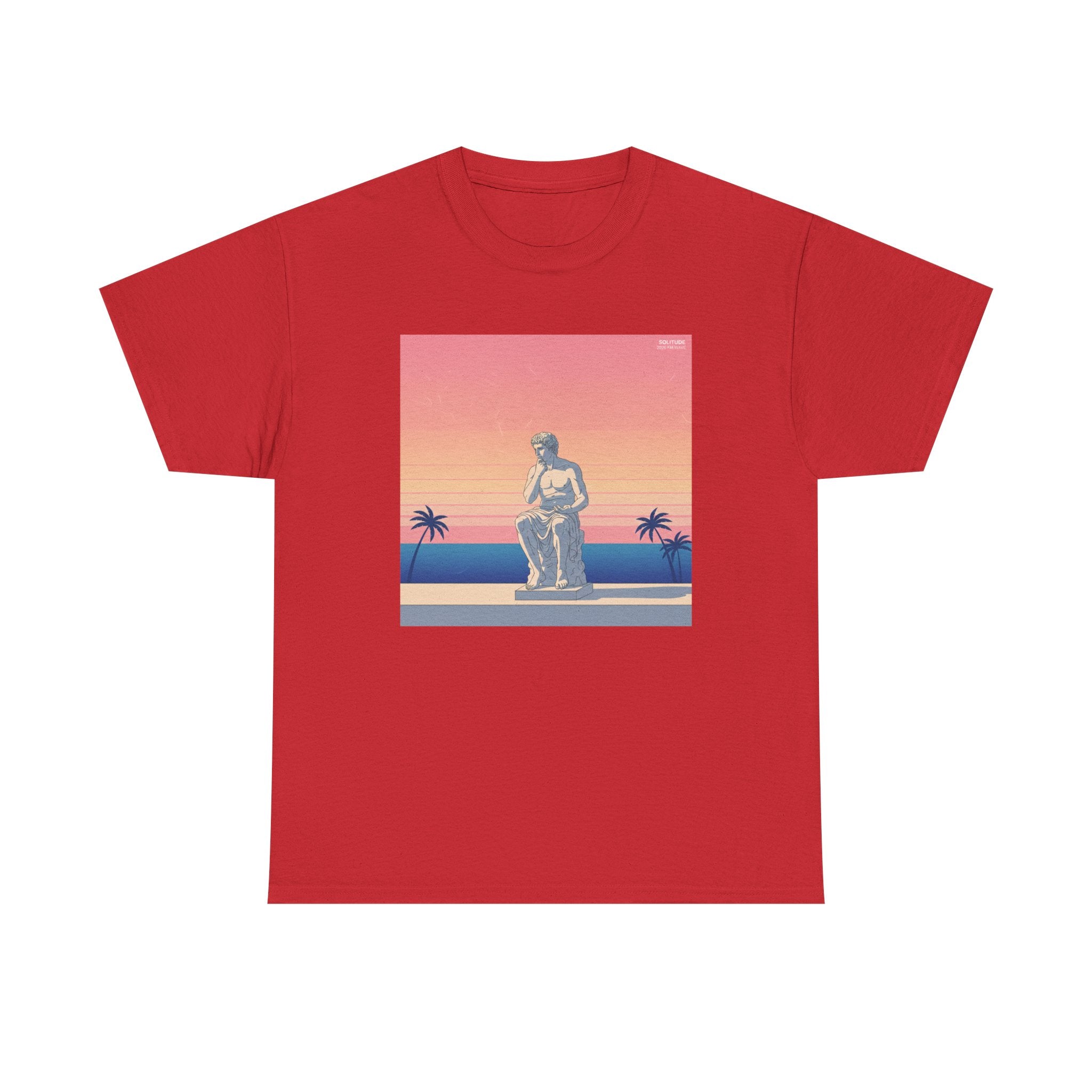 Retro Sunset Statue T-Shirt — Vaporwave Beach Graphic Tee