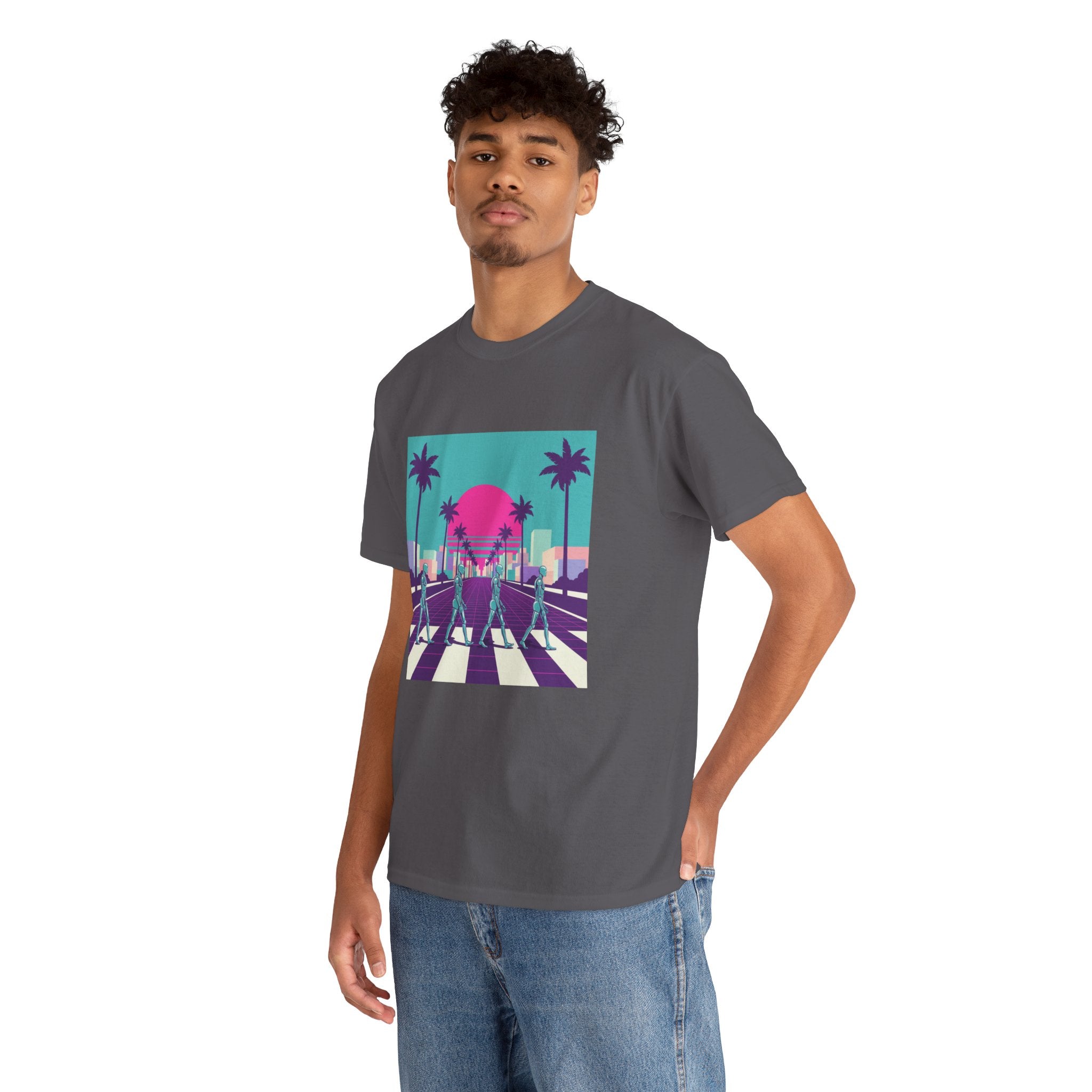 Retro Sunset Beach Tee — Vaporwave Palm Tree Skate Crossing T-Shirt