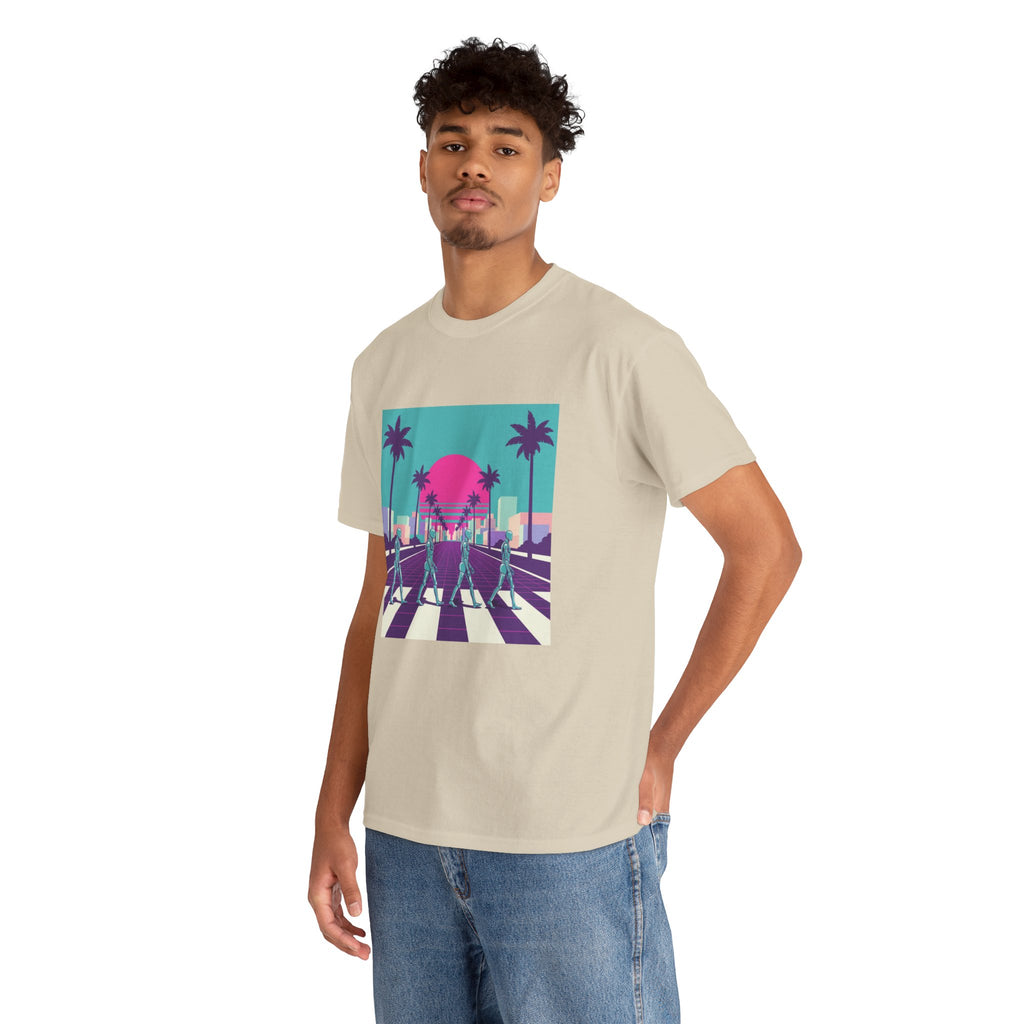 Retro Sunset Beach Tee — Vaporwave Palm Tree Skate Crossing T-Shirt