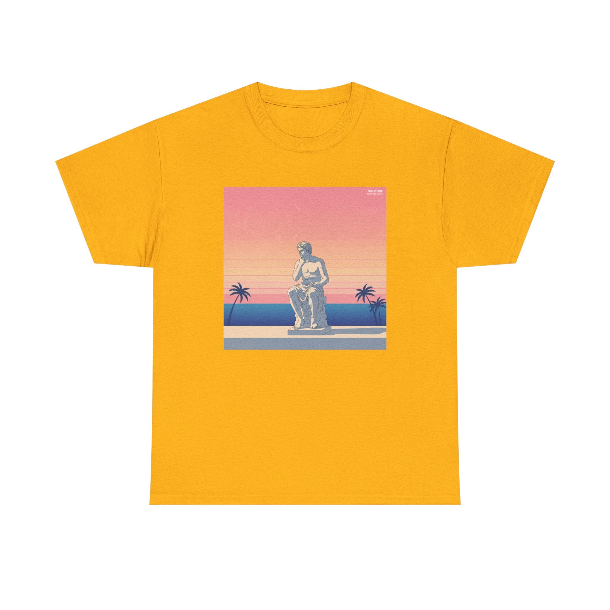 Retro Sunset Statue T-Shirt — Vaporwave Beach Graphic Tee