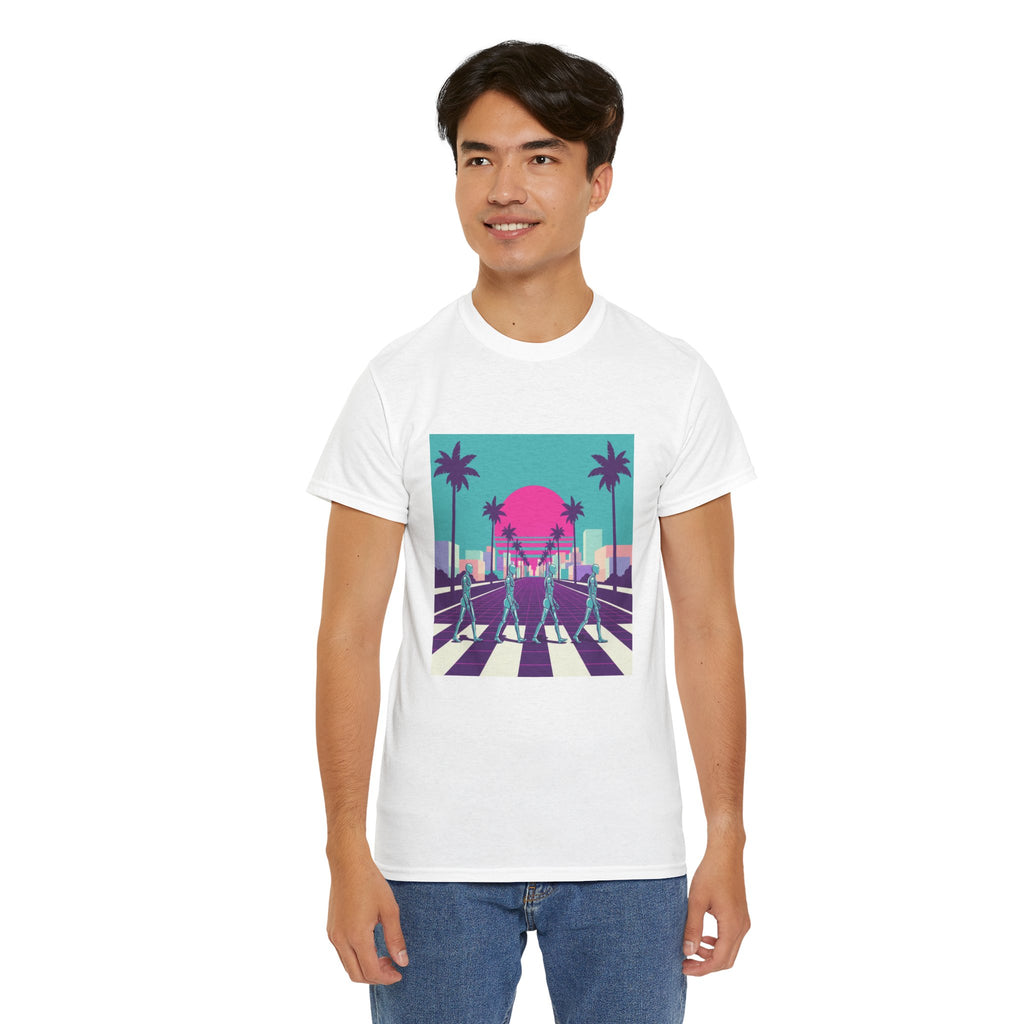 Retro Sunset Beach Tee — Vaporwave Palm Tree Skate Crossing T-Shirt