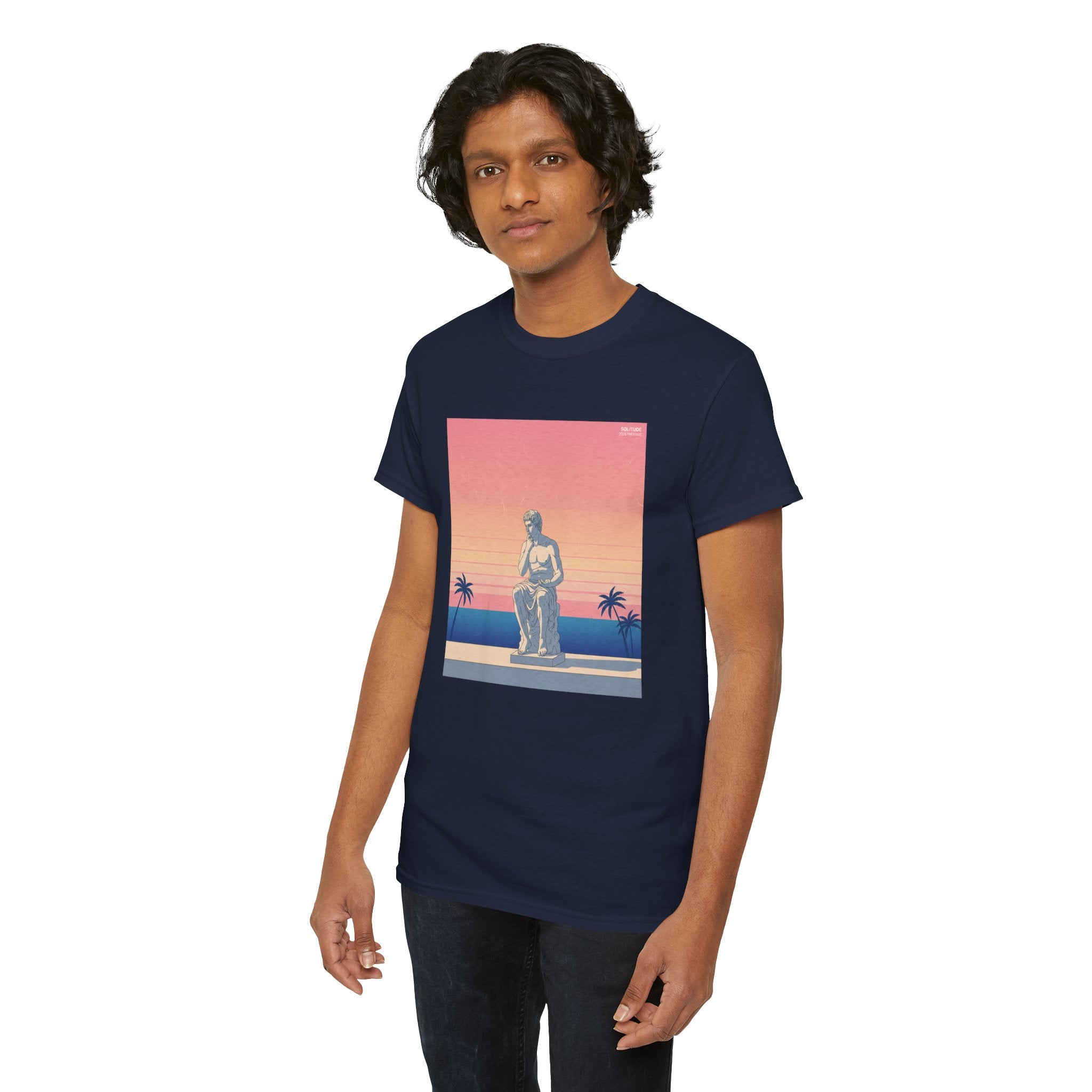 Retro Sunset Statue T-Shirt — Vaporwave Beach Graphic Tee