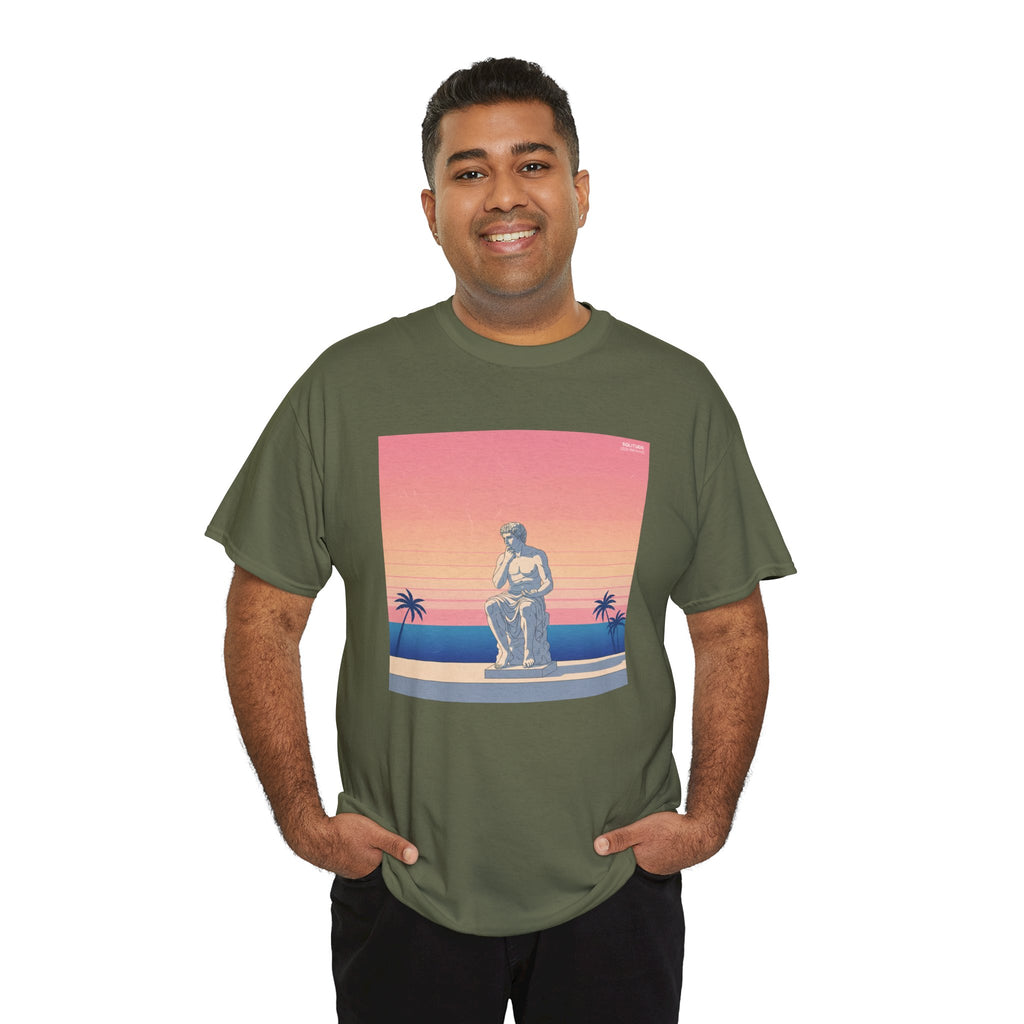 Retro Sunset Statue T-Shirt — Vaporwave Beach Graphic Tee