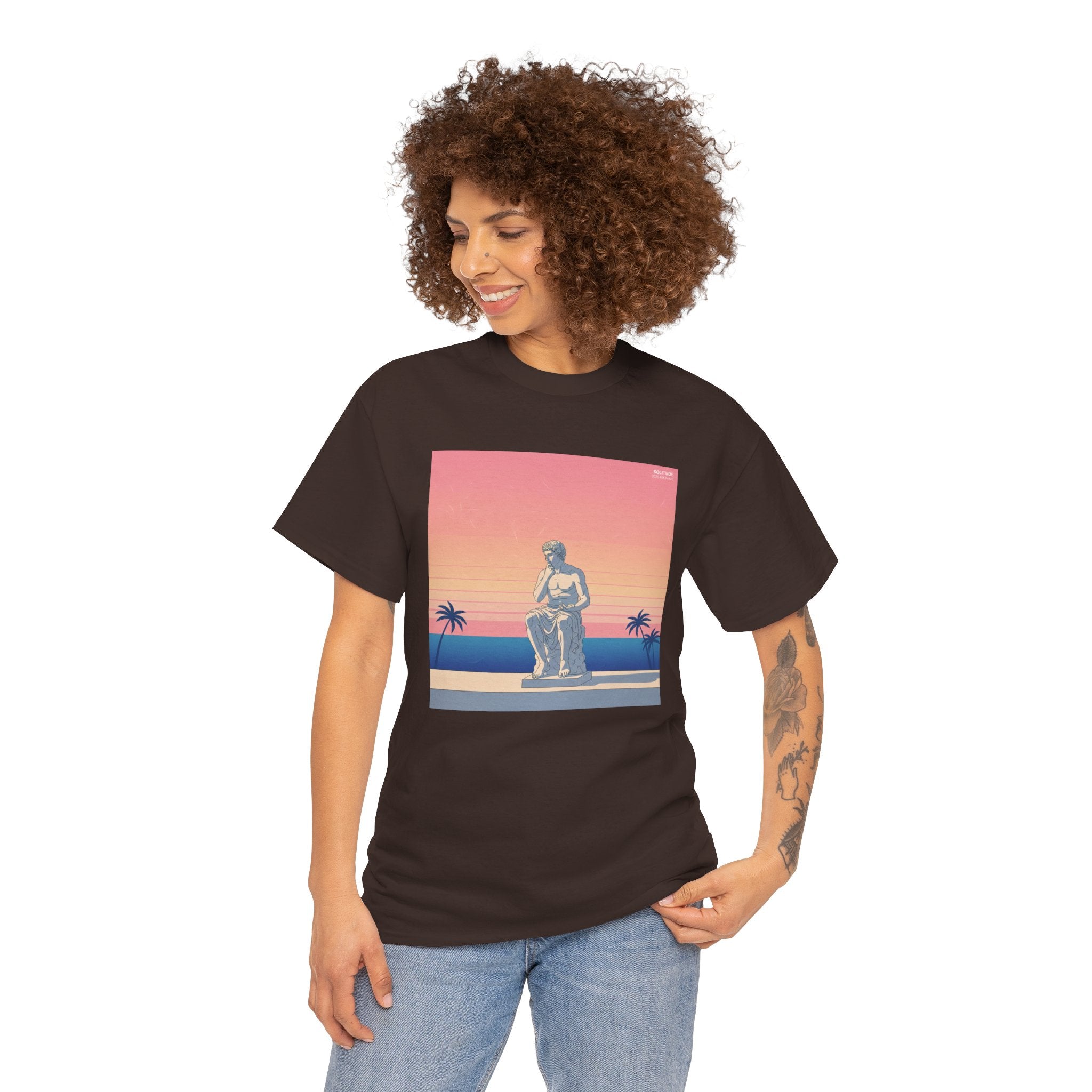 Retro Sunset Statue T-Shirt — Vaporwave Beach Graphic Tee