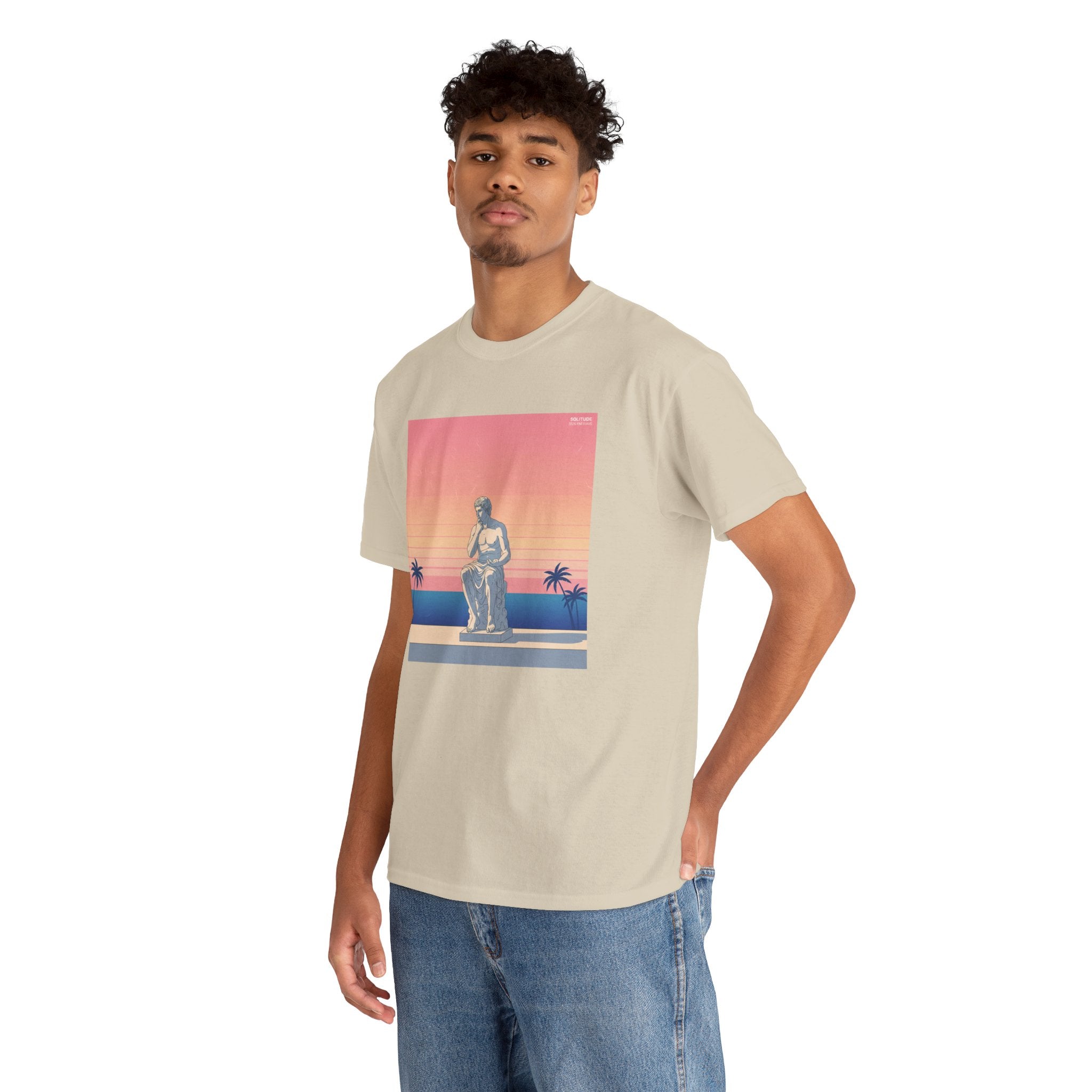 Retro Sunset Statue T-Shirt — Vaporwave Beach Graphic Tee