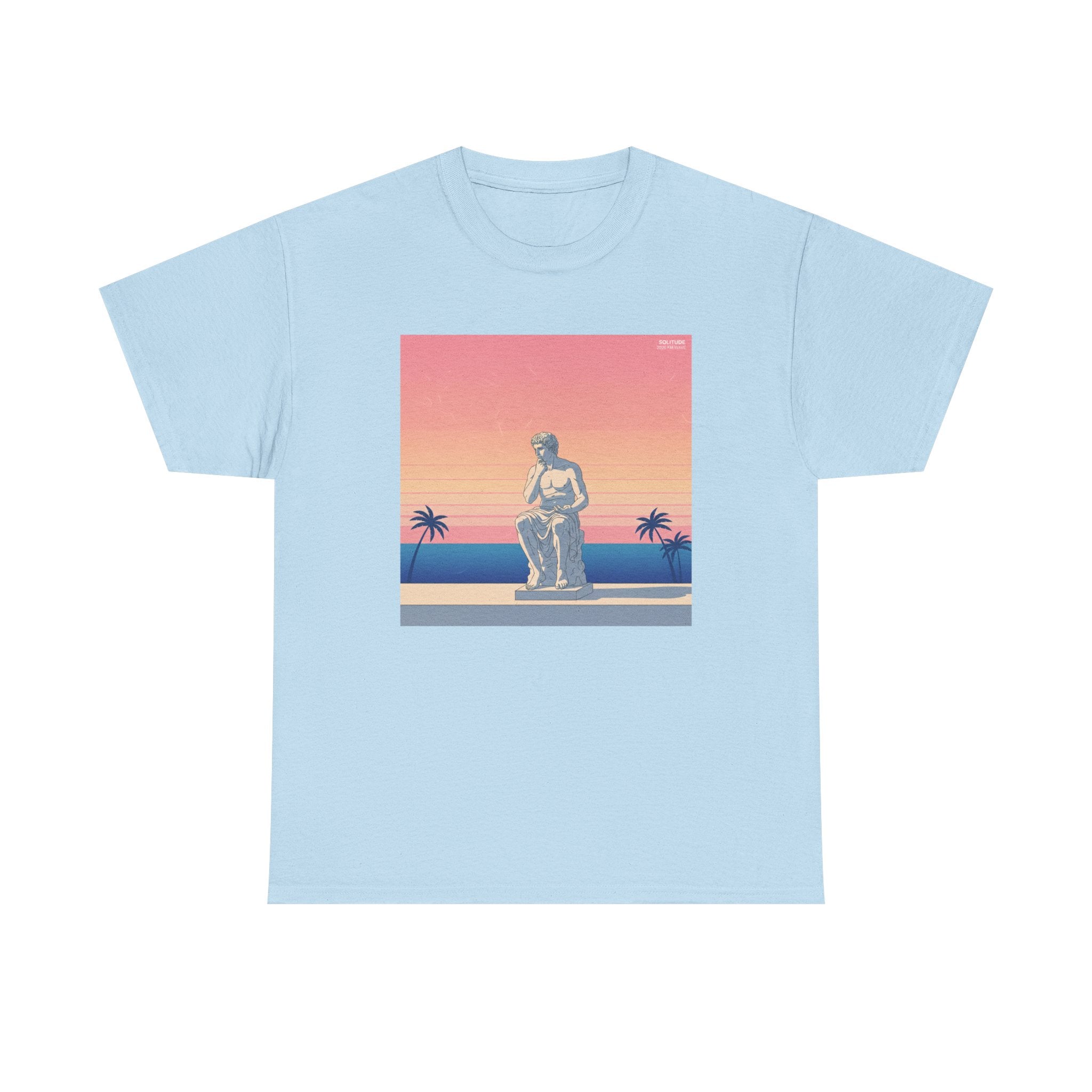 Retro Sunset Statue T-Shirt — Vaporwave Beach Graphic Tee