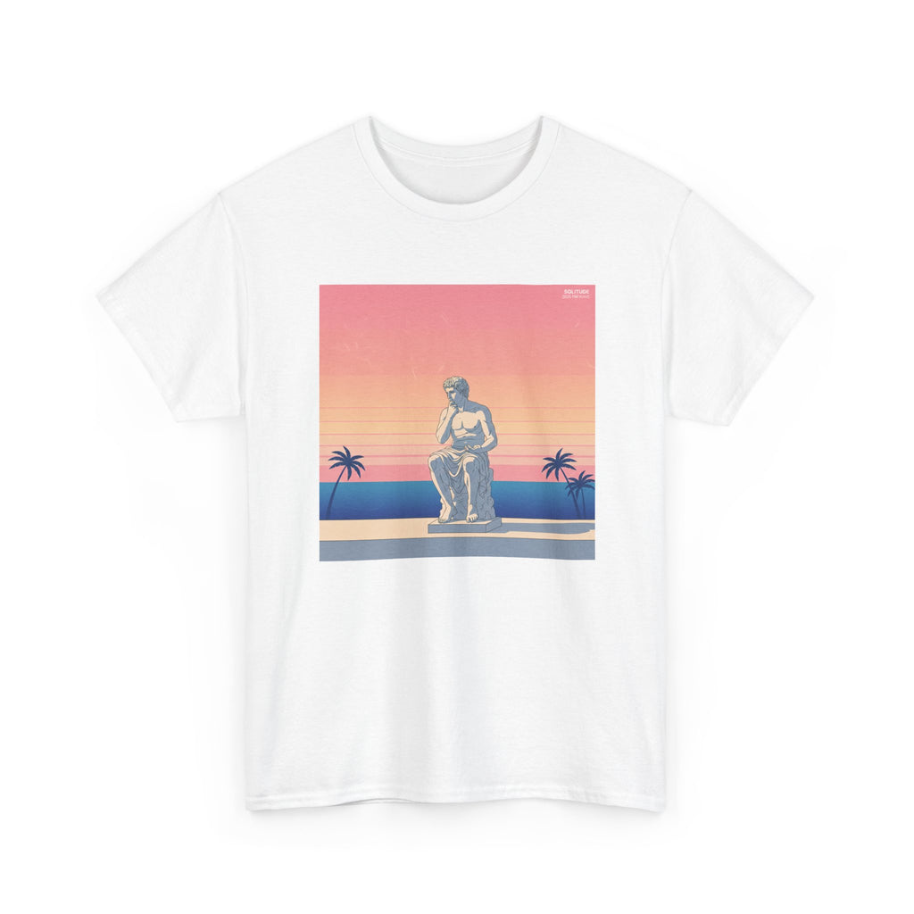 Retro Sunset Statue T-Shirt — Vaporwave Beach Graphic Tee