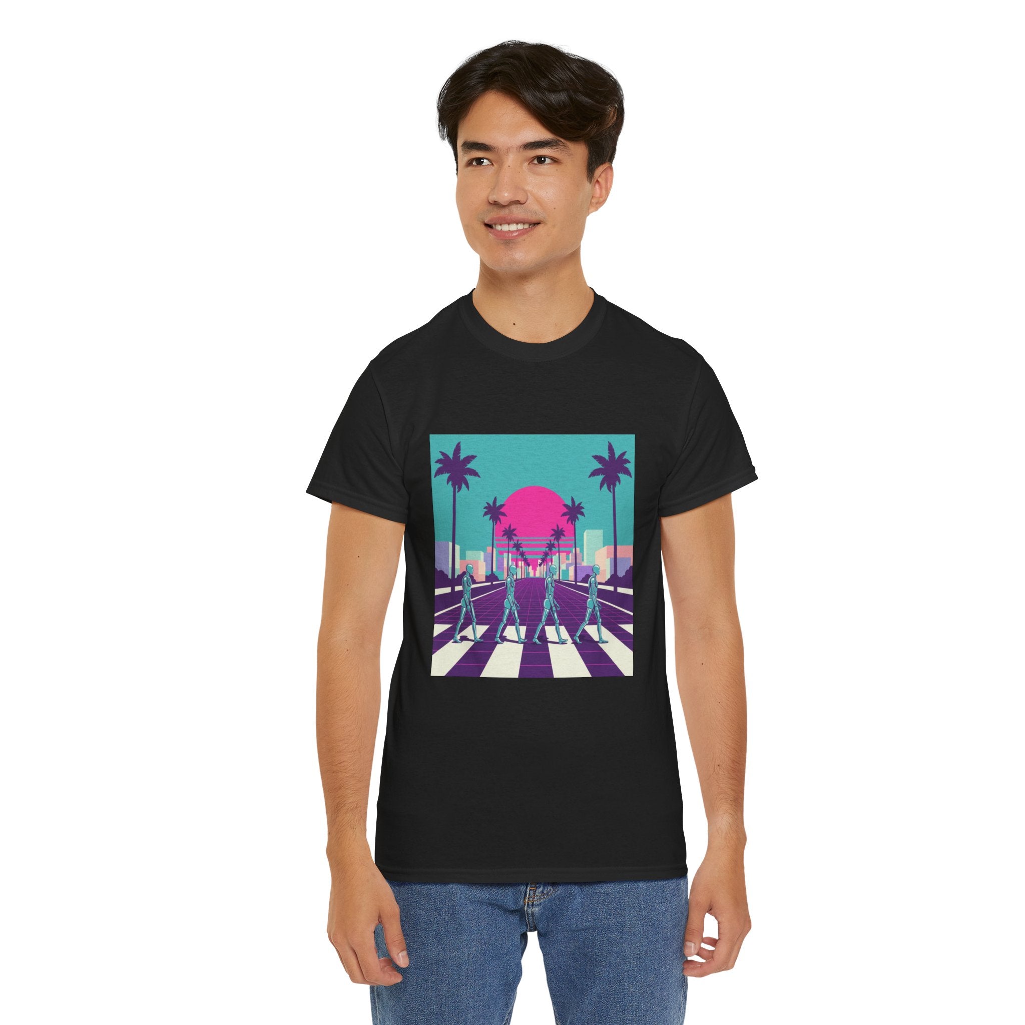 Retro Sunset Beach Tee — Vaporwave Palm Tree Skate Crossing T-Shirt