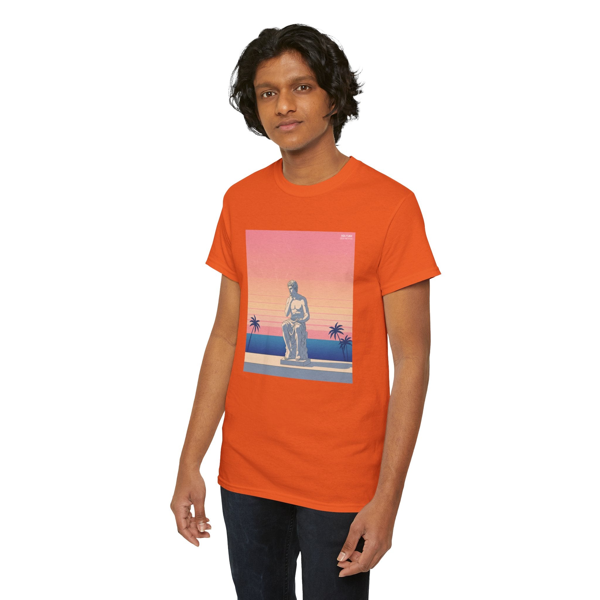 Retro Sunset Statue T-Shirt — Vaporwave Beach Graphic Tee