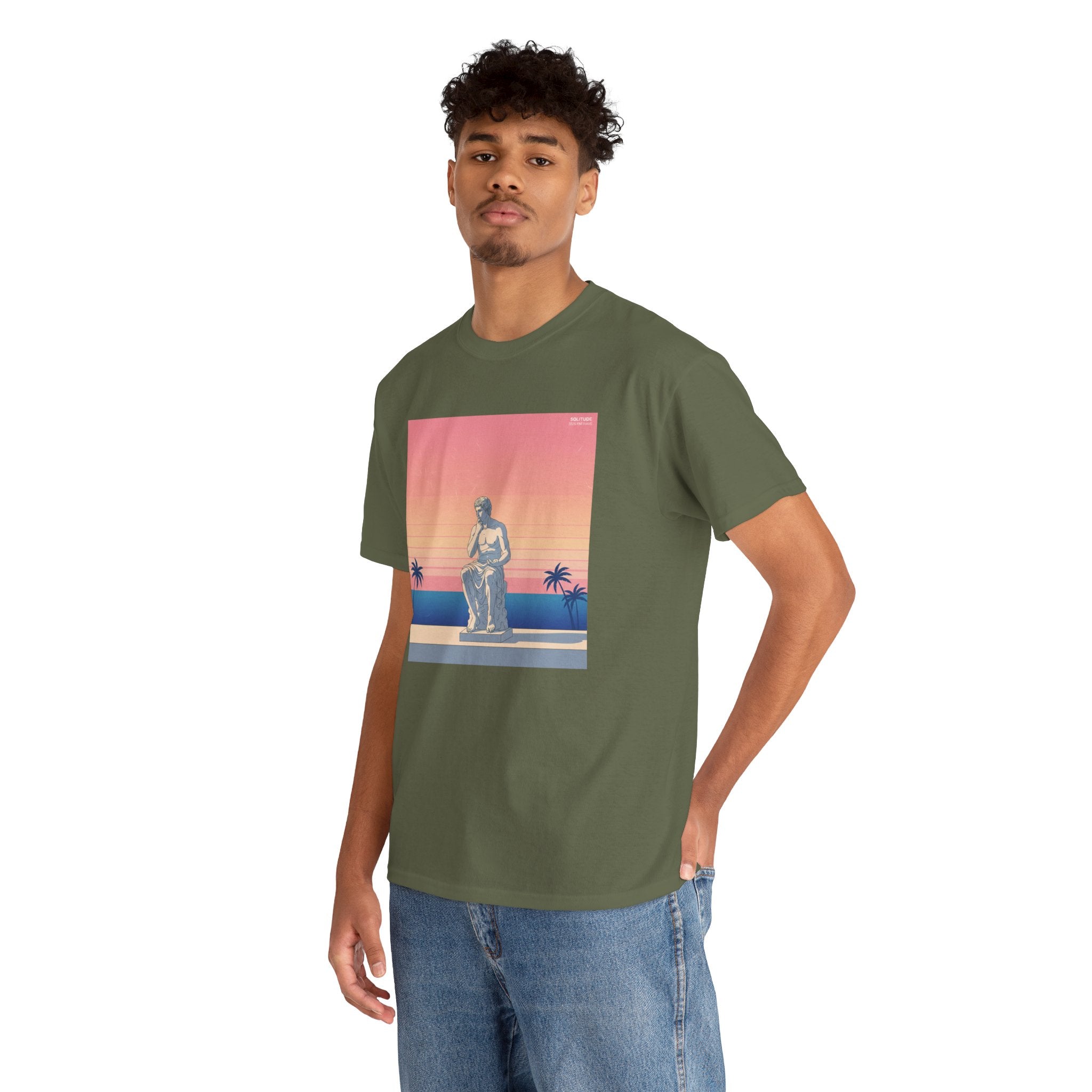 Retro Sunset Statue T-Shirt — Vaporwave Beach Graphic Tee