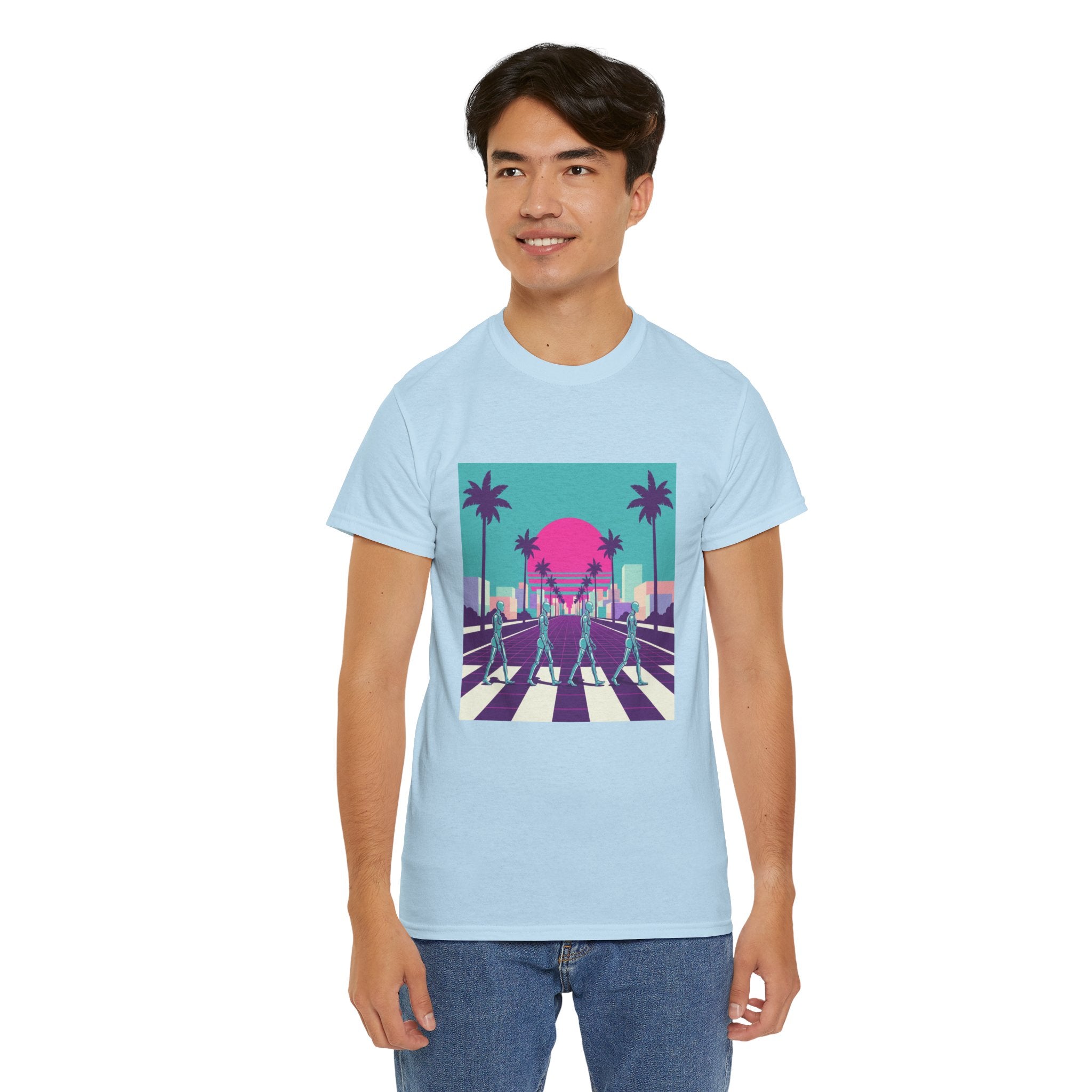 Retro Sunset Beach Tee — Vaporwave Palm Tree Skate Crossing T-Shirt