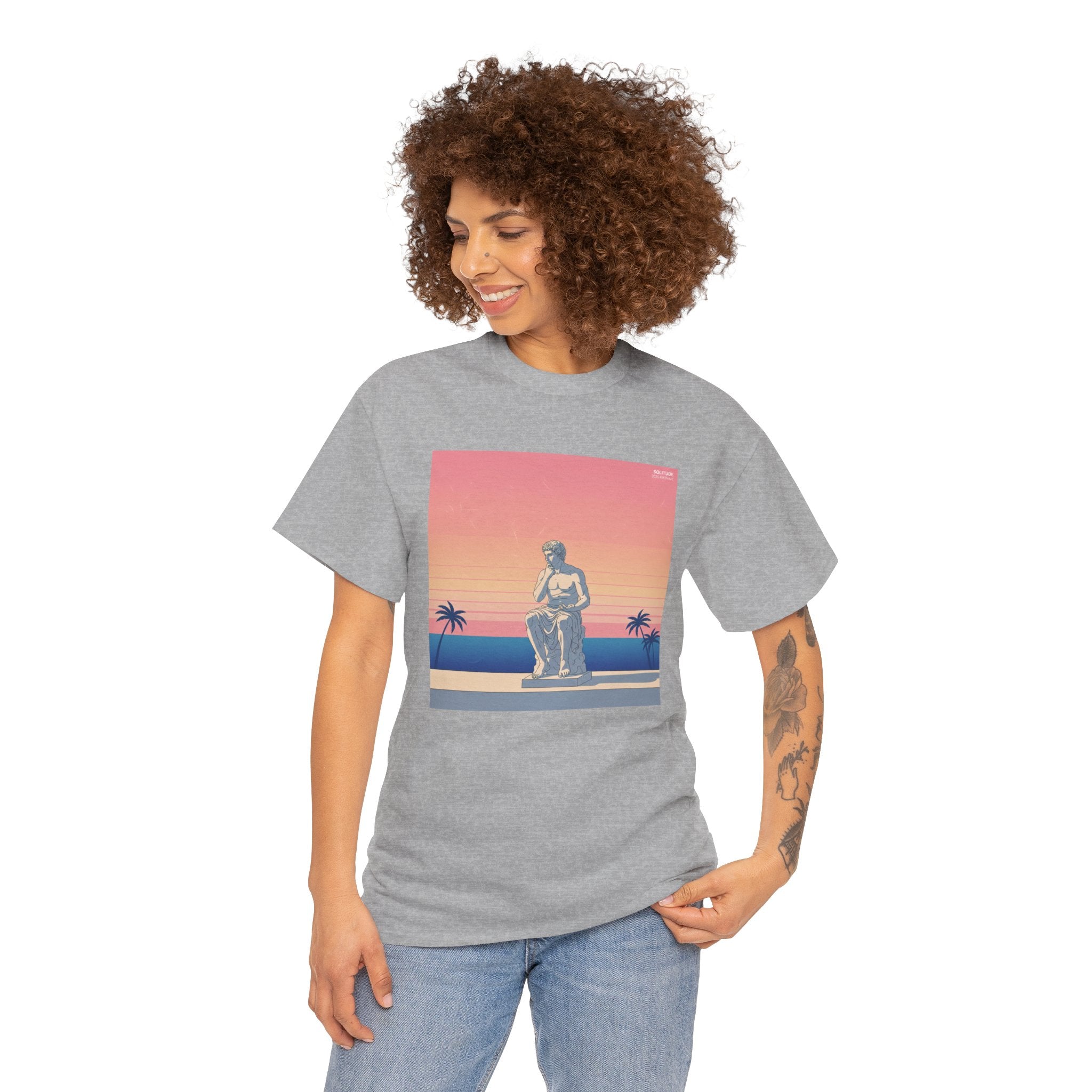 Retro Sunset Statue T-Shirt — Vaporwave Beach Graphic Tee