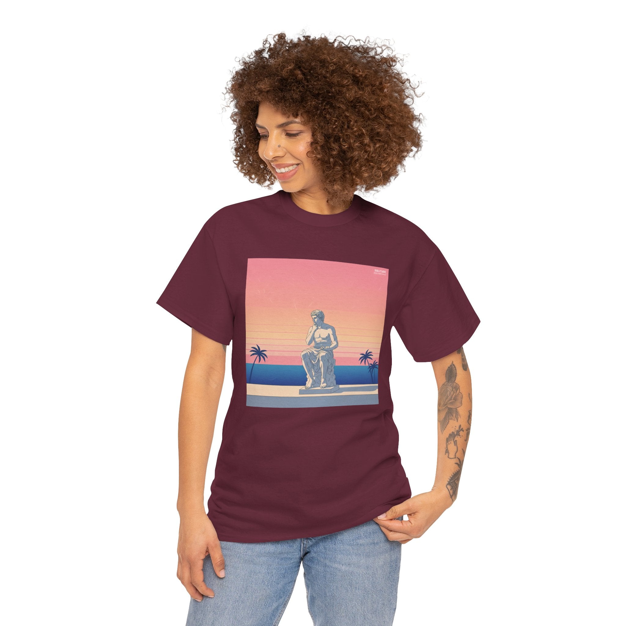 Retro Sunset Statue T-Shirt — Vaporwave Beach Graphic Tee