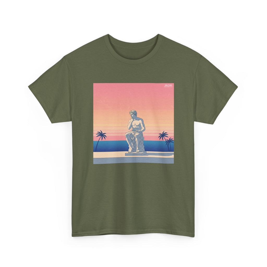 Retro Sunset Statue T-Shirt — Vaporwave Beach Graphic Tee