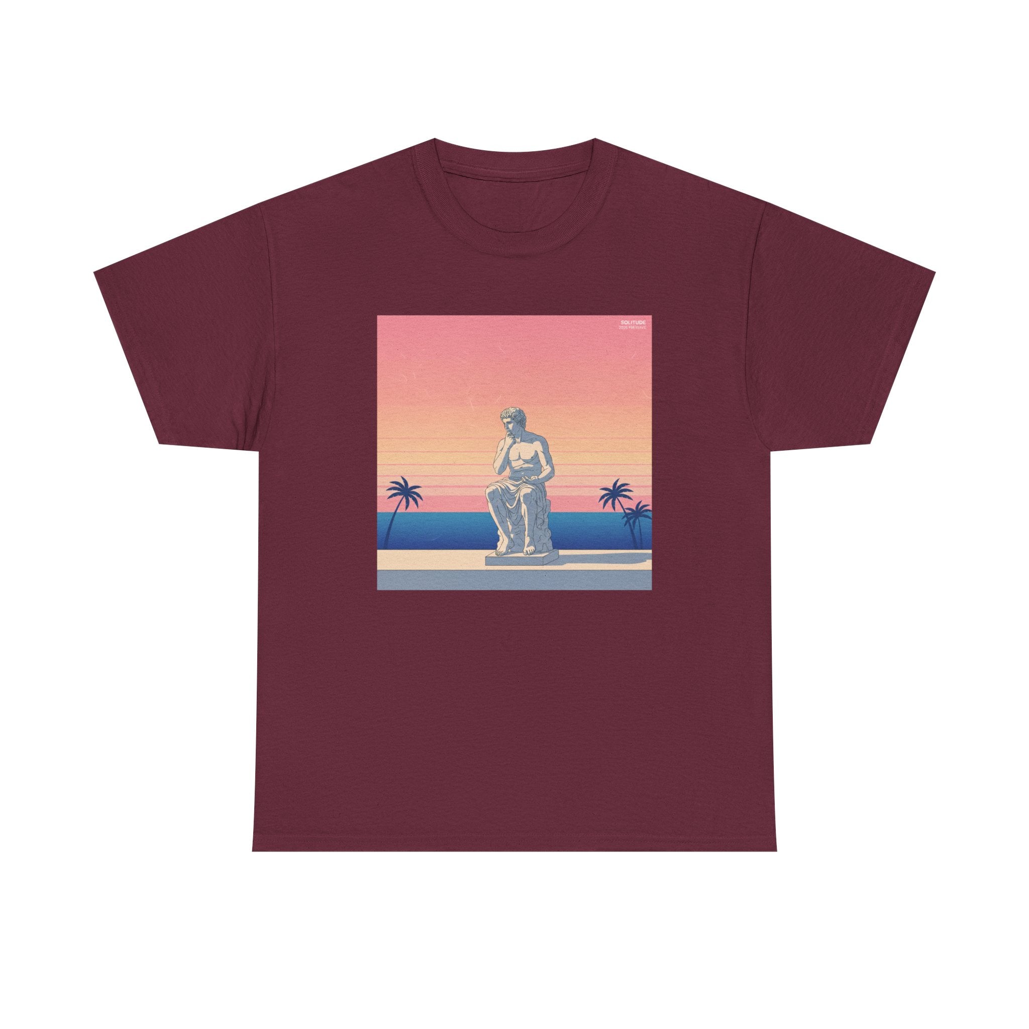 Retro Sunset Statue T-Shirt — Vaporwave Beach Graphic Tee