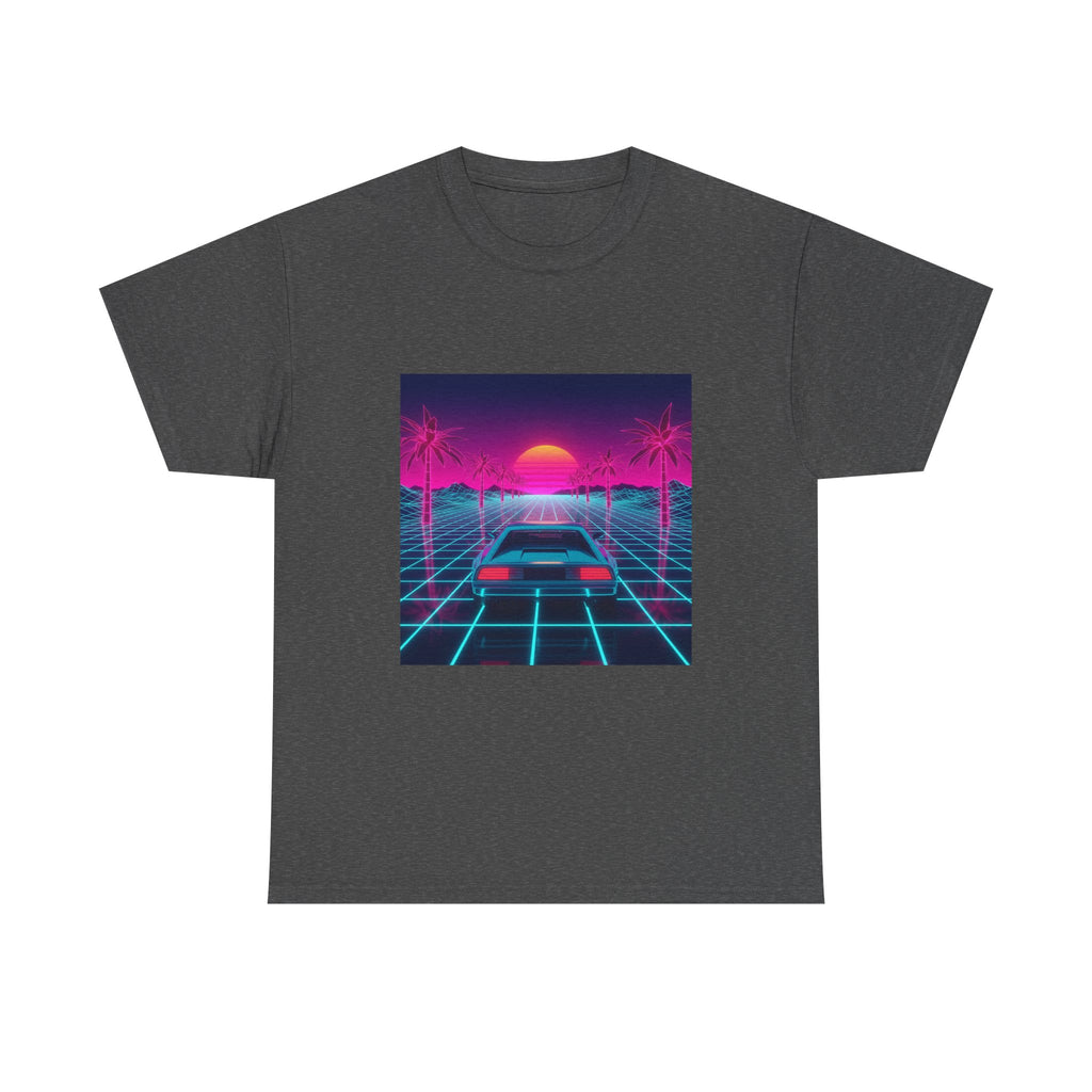 Vaporwave Sunset Drive Tee | Retro 80s Neon Car Grid Palm Trees