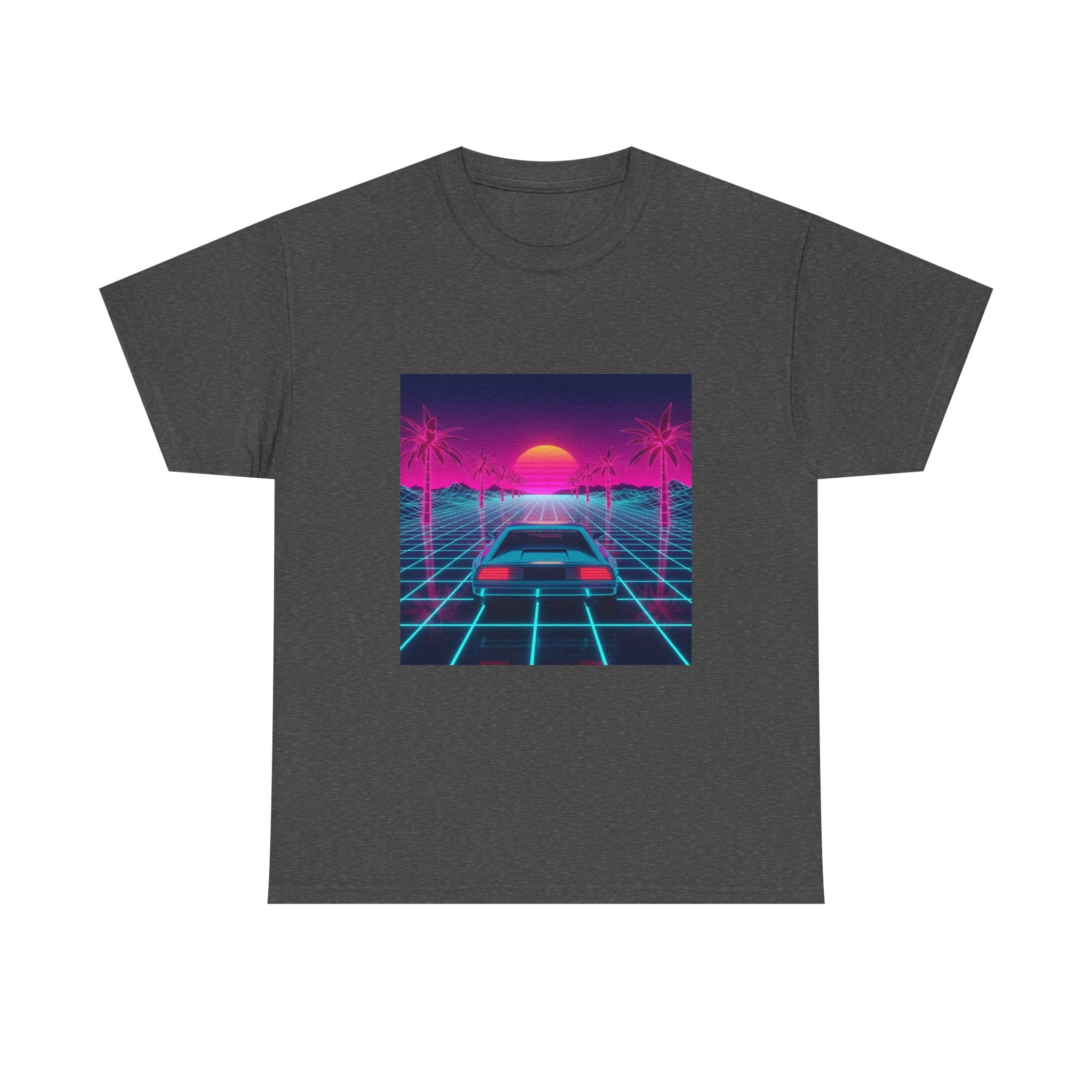 Vaporwave Sunset Drive Tee | Retro 80s Neon Car Grid Palm Trees