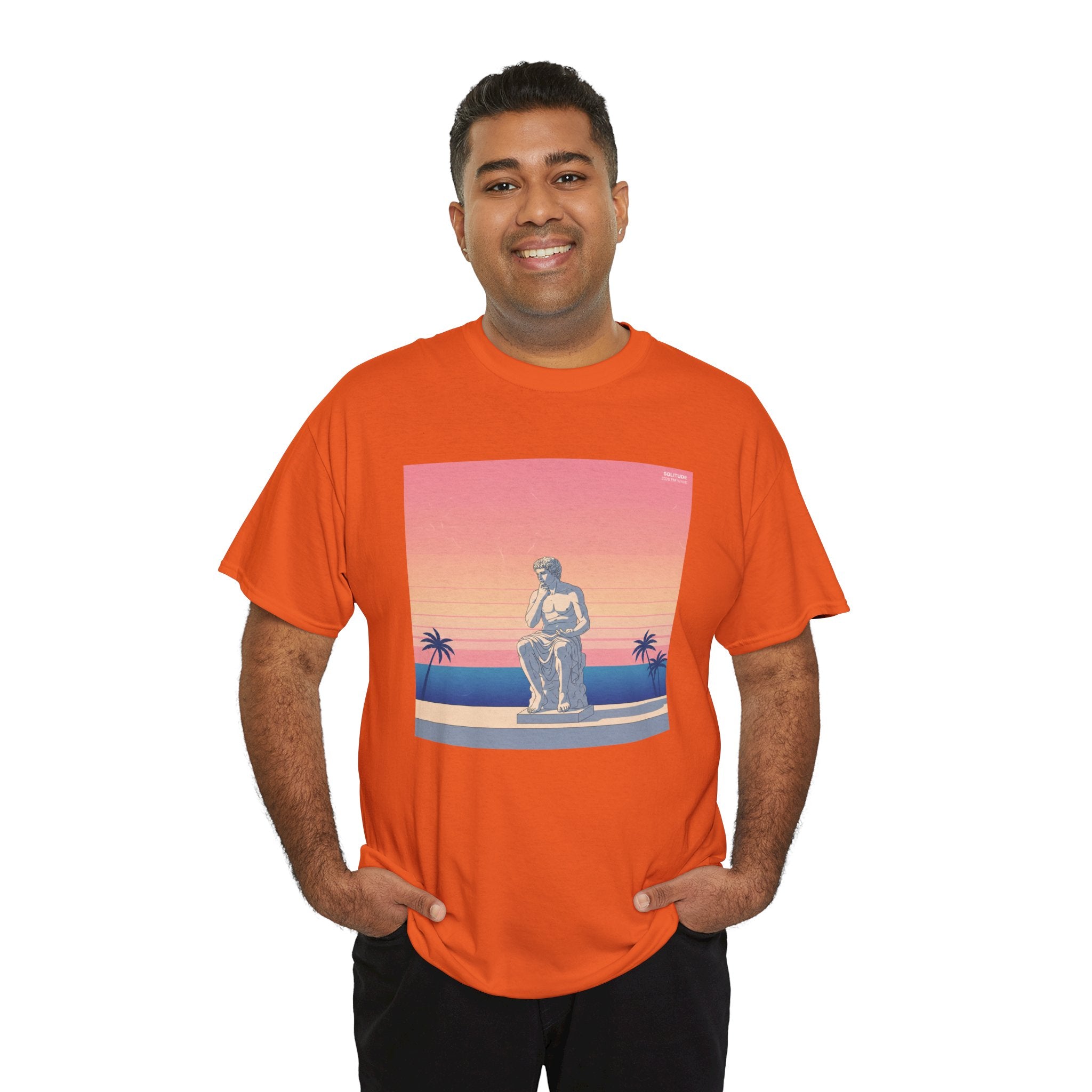 Retro Sunset Statue T-Shirt — Vaporwave Beach Graphic Tee