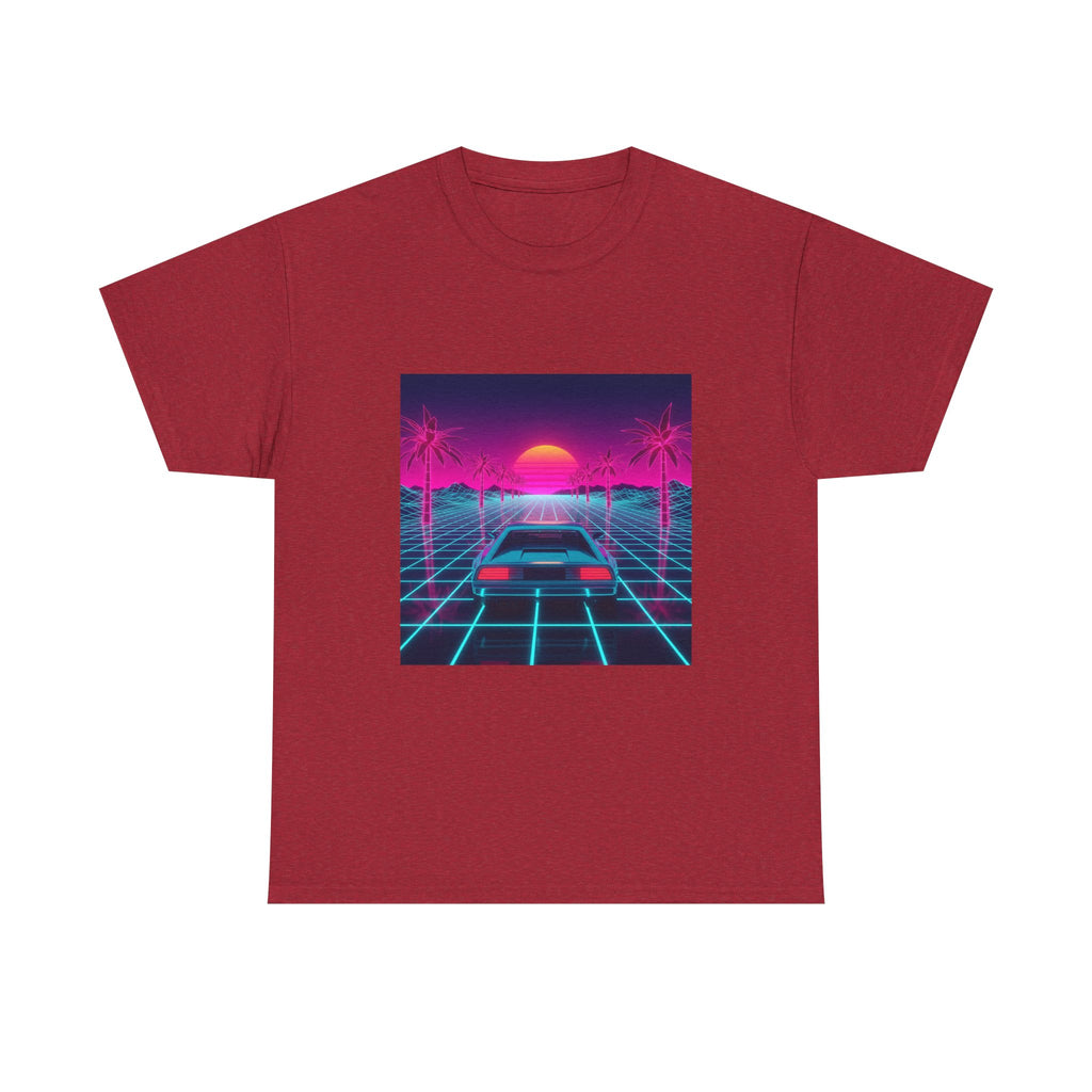 Vaporwave Sunset Drive Tee | Retro 80s Neon Car Grid Palm Trees