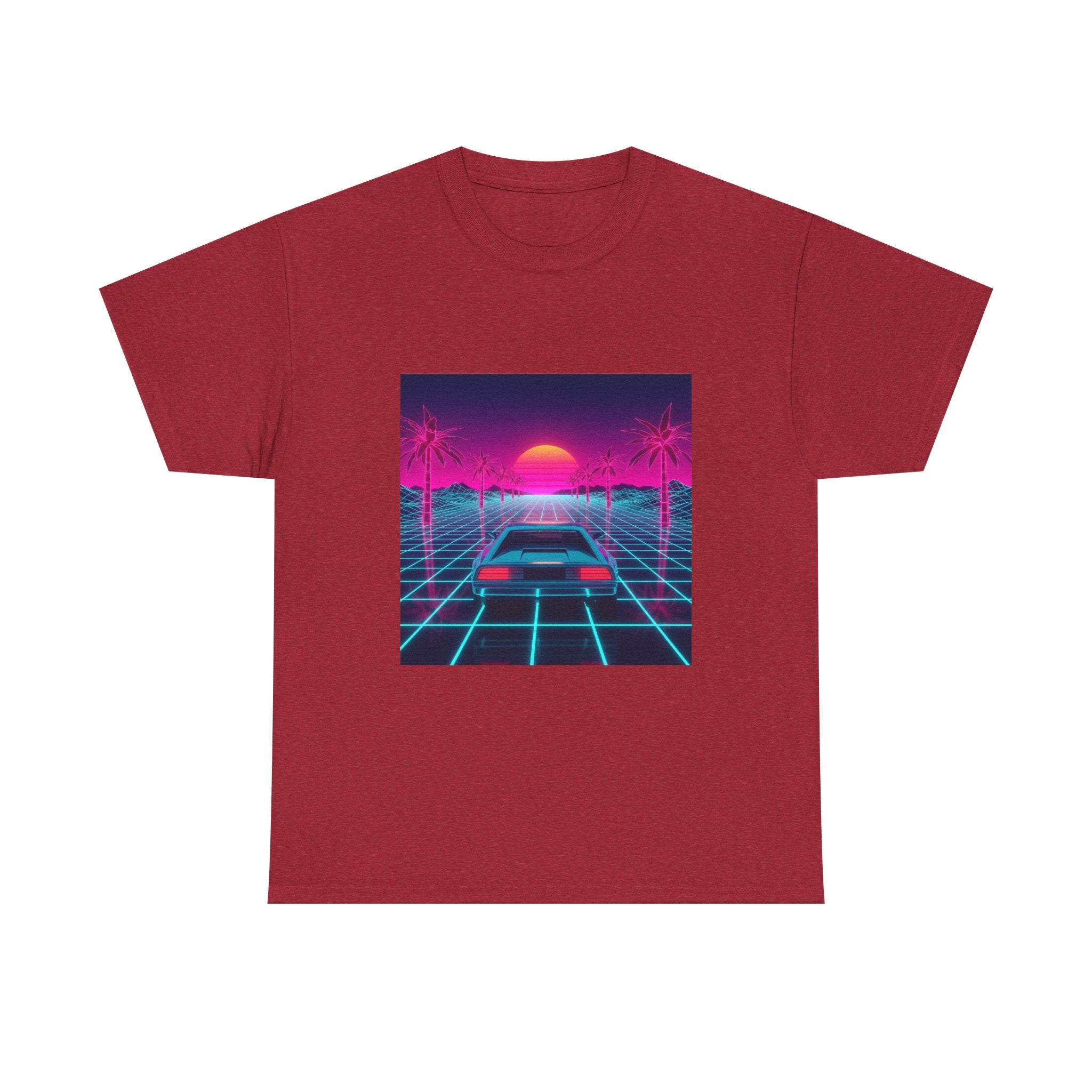 Vaporwave Sunset Drive Tee | Retro 80s Neon Car Grid Palm Trees