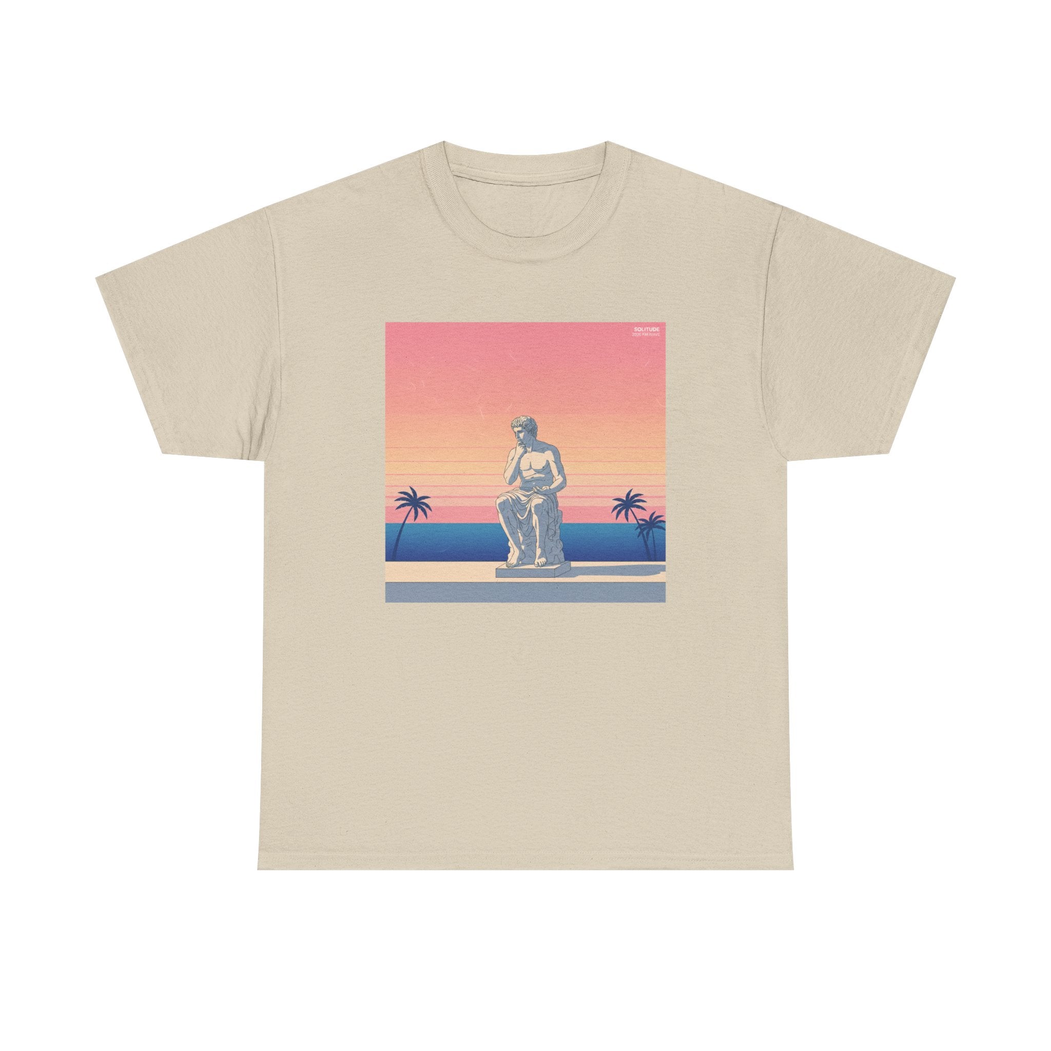 Retro Sunset Statue T-Shirt — Vaporwave Beach Graphic Tee