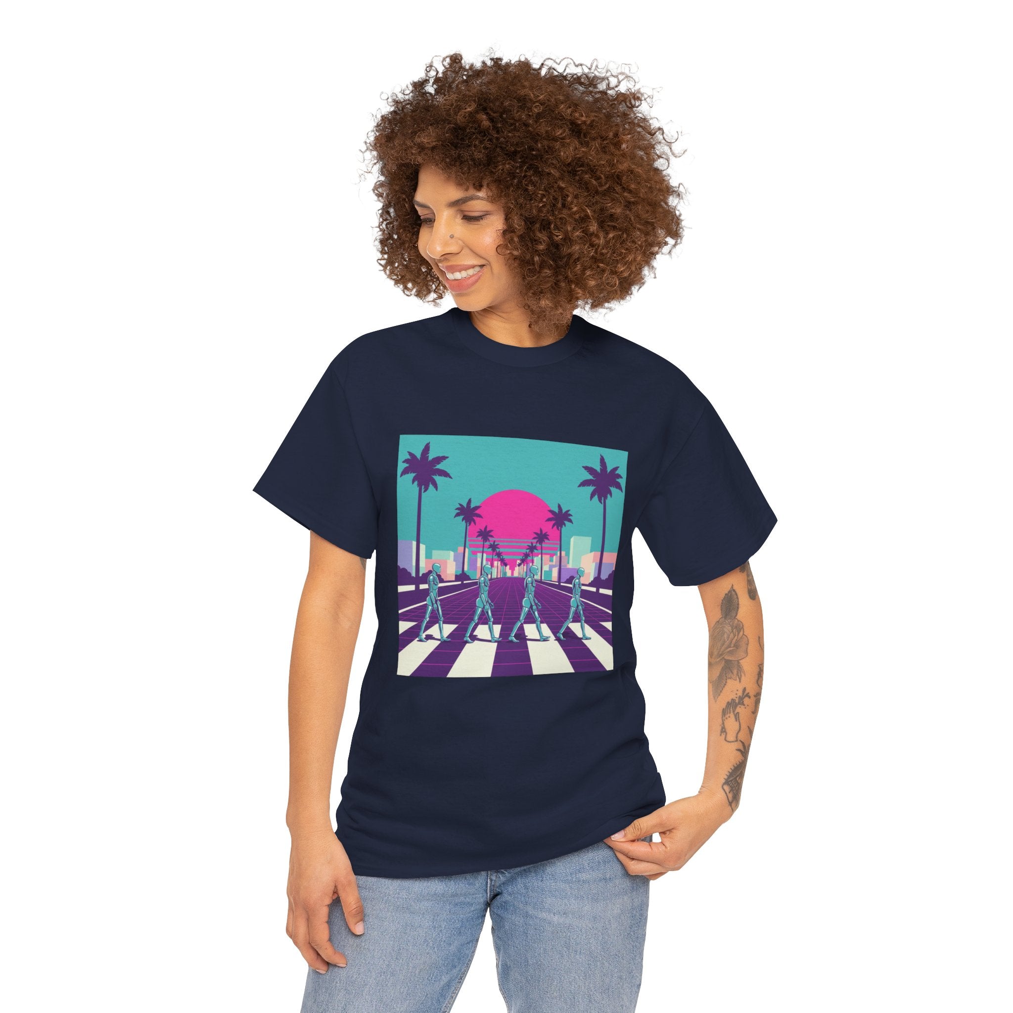 Retro Sunset Beach Tee — Vaporwave Palm Tree Skate Crossing T-Shirt