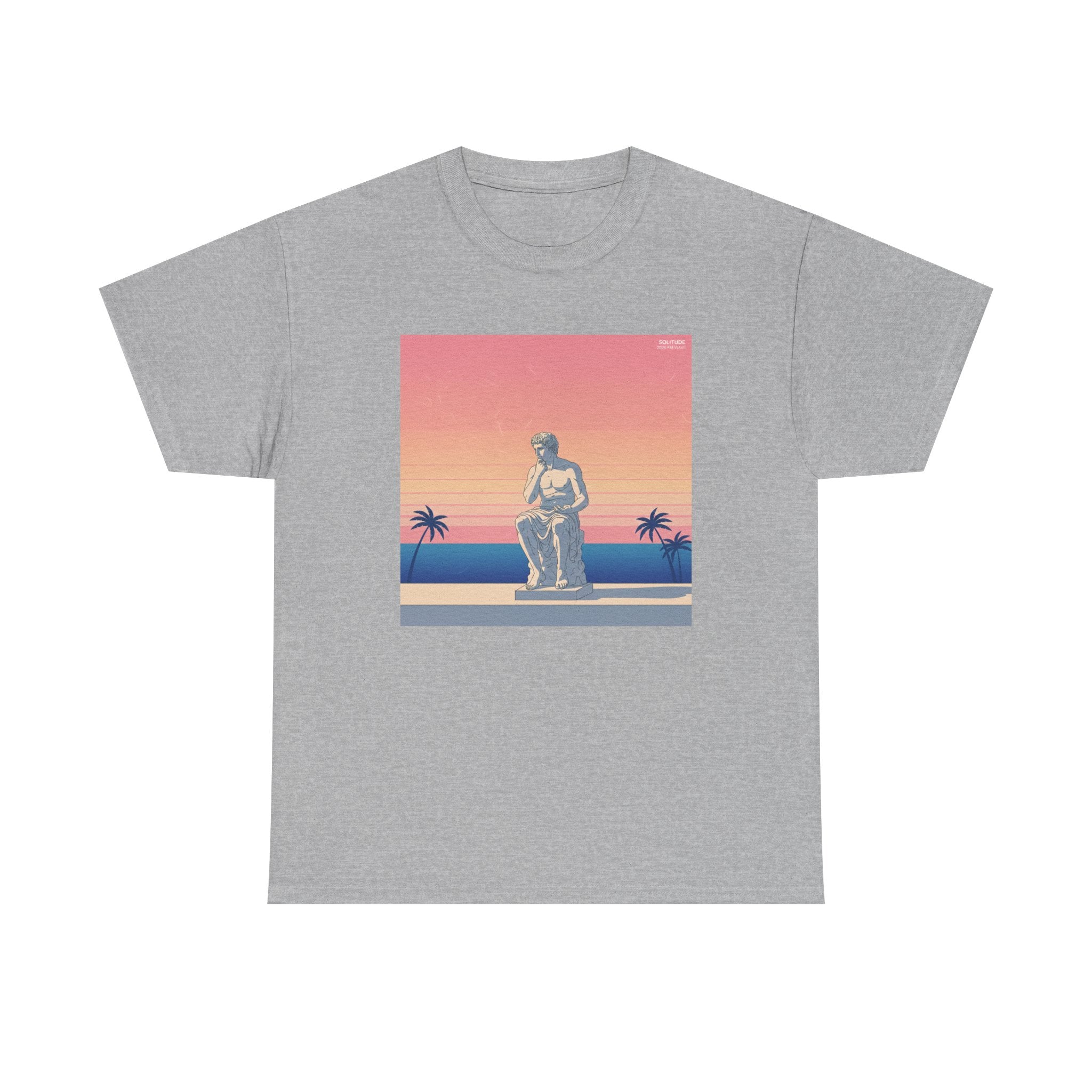 Retro Sunset Statue T-Shirt — Vaporwave Beach Graphic Tee