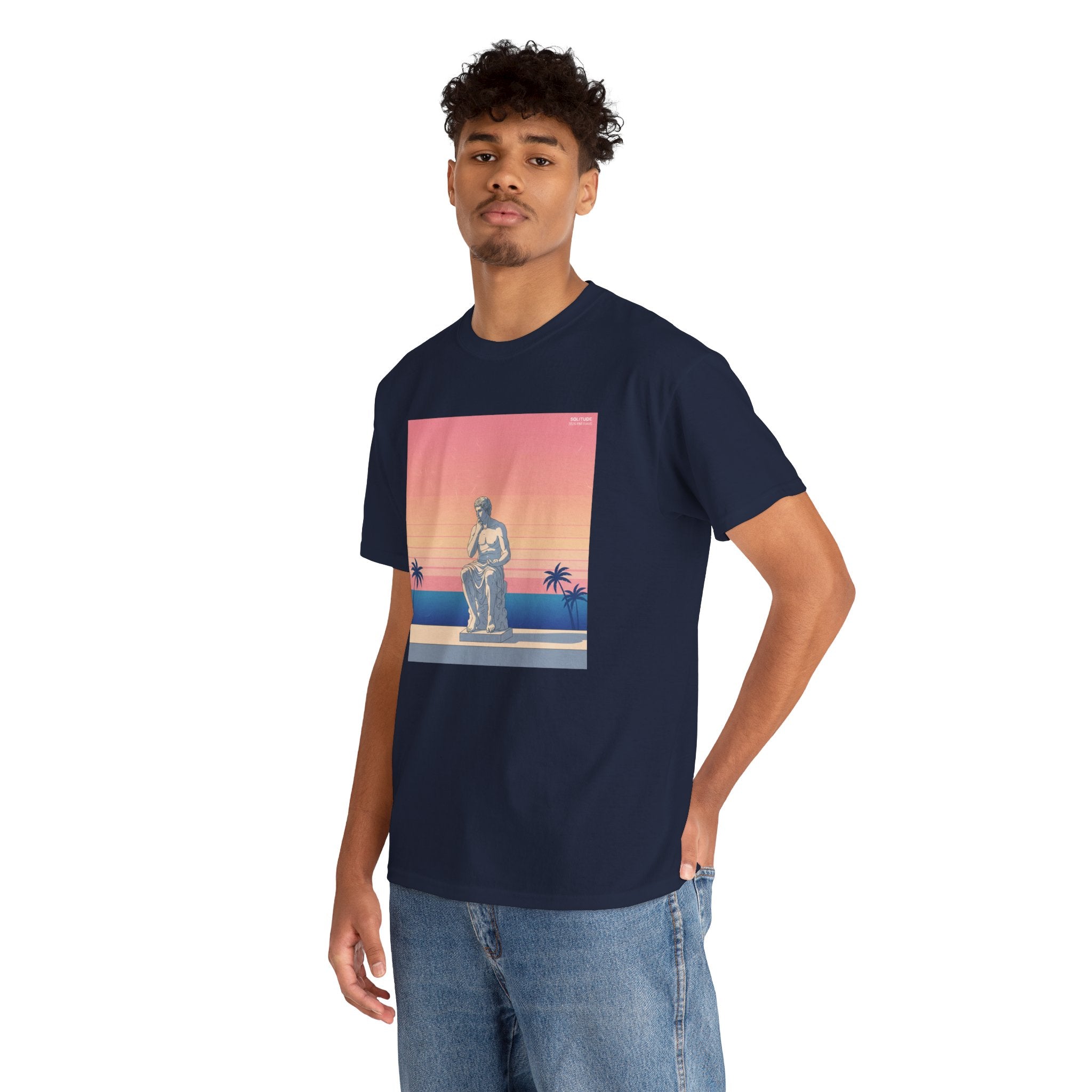 Retro Sunset Statue T-Shirt — Vaporwave Beach Graphic Tee