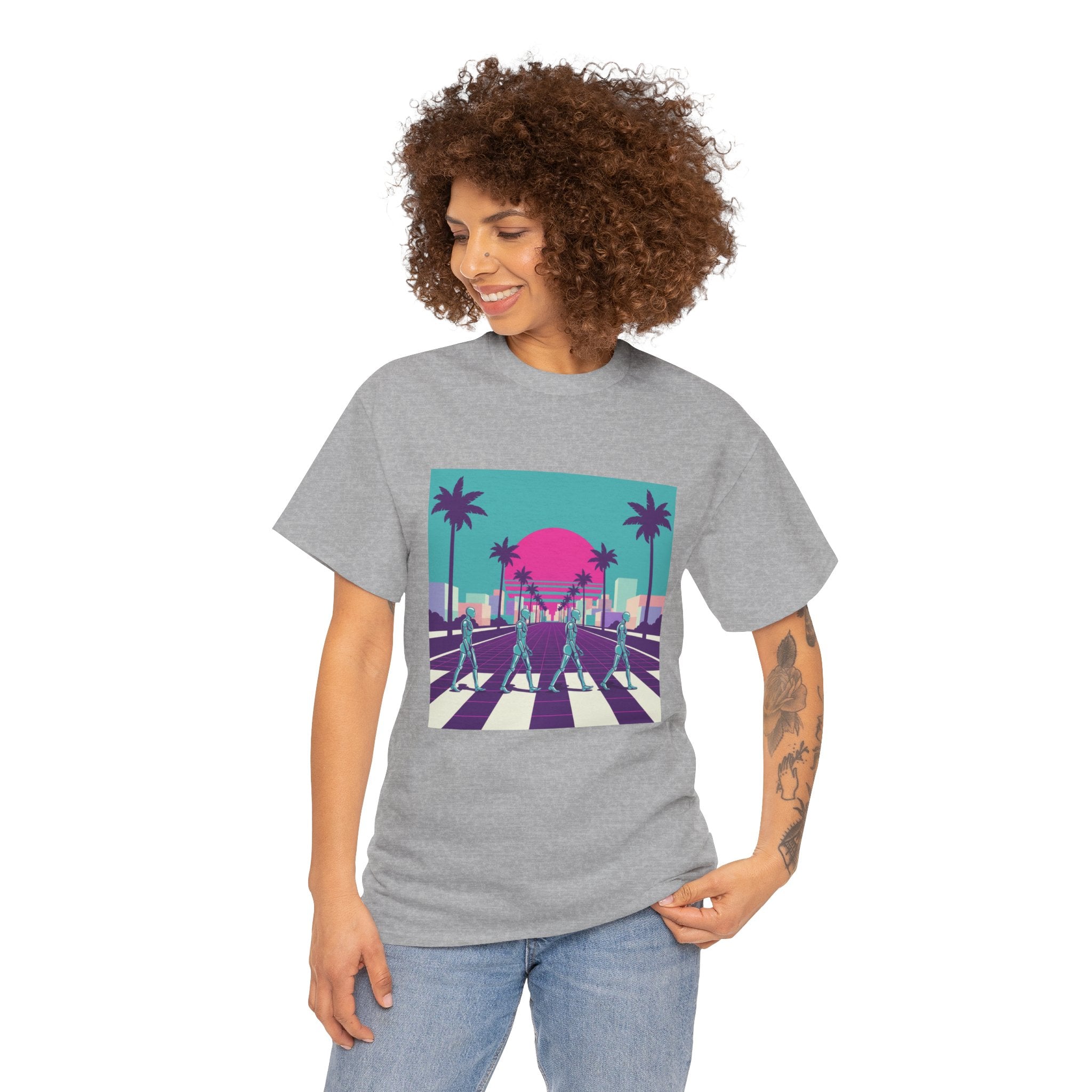 Retro Sunset Beach Tee — Vaporwave Palm Tree Skate Crossing T-Shirt