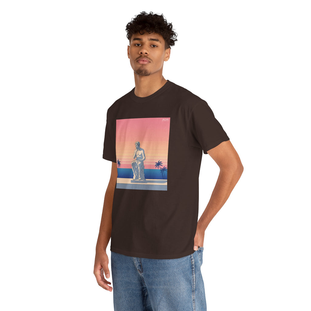 Retro Sunset Statue T-Shirt — Vaporwave Beach Graphic Tee