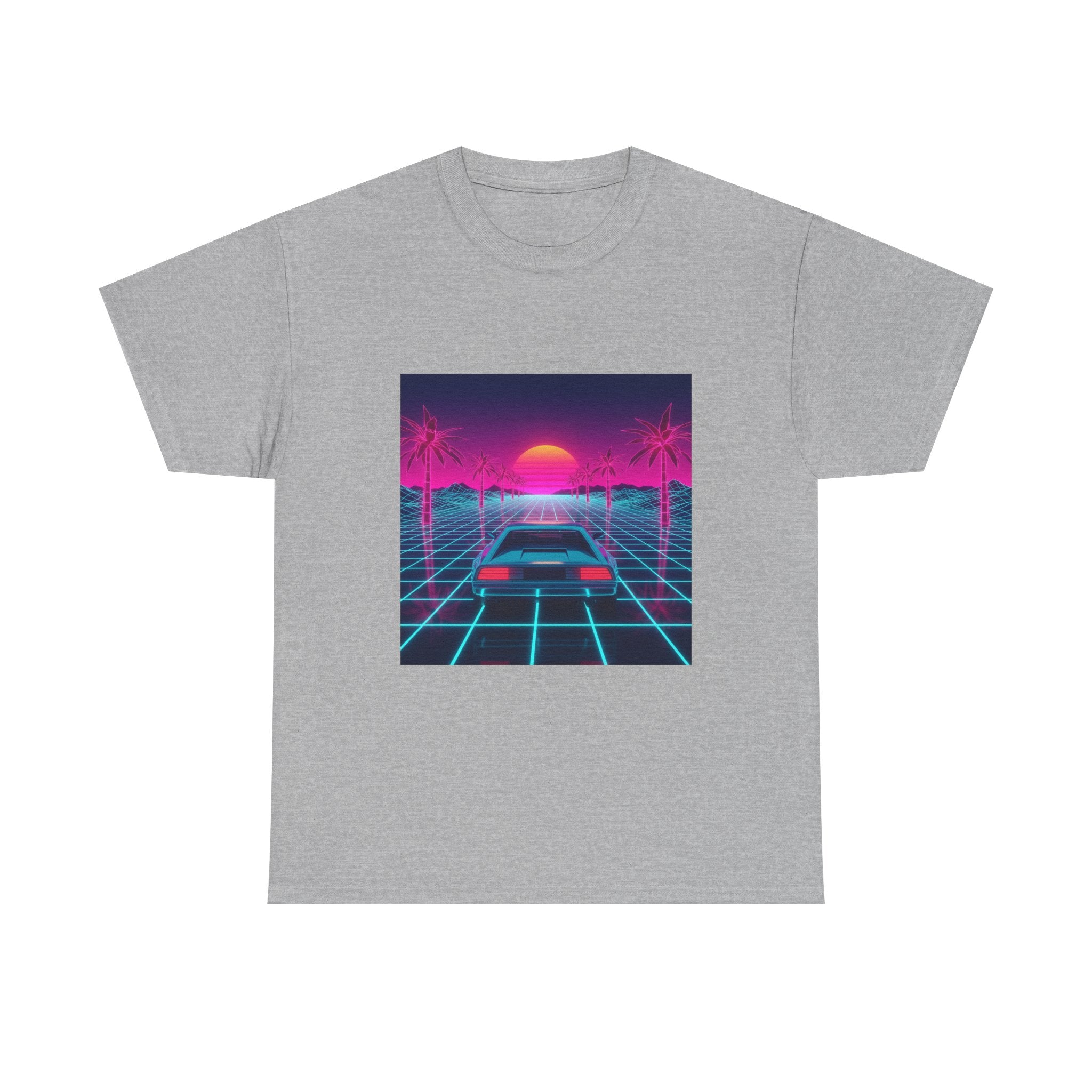 Vaporwave Sunset Drive Tee | Retro 80s Neon Car Grid Palm Trees