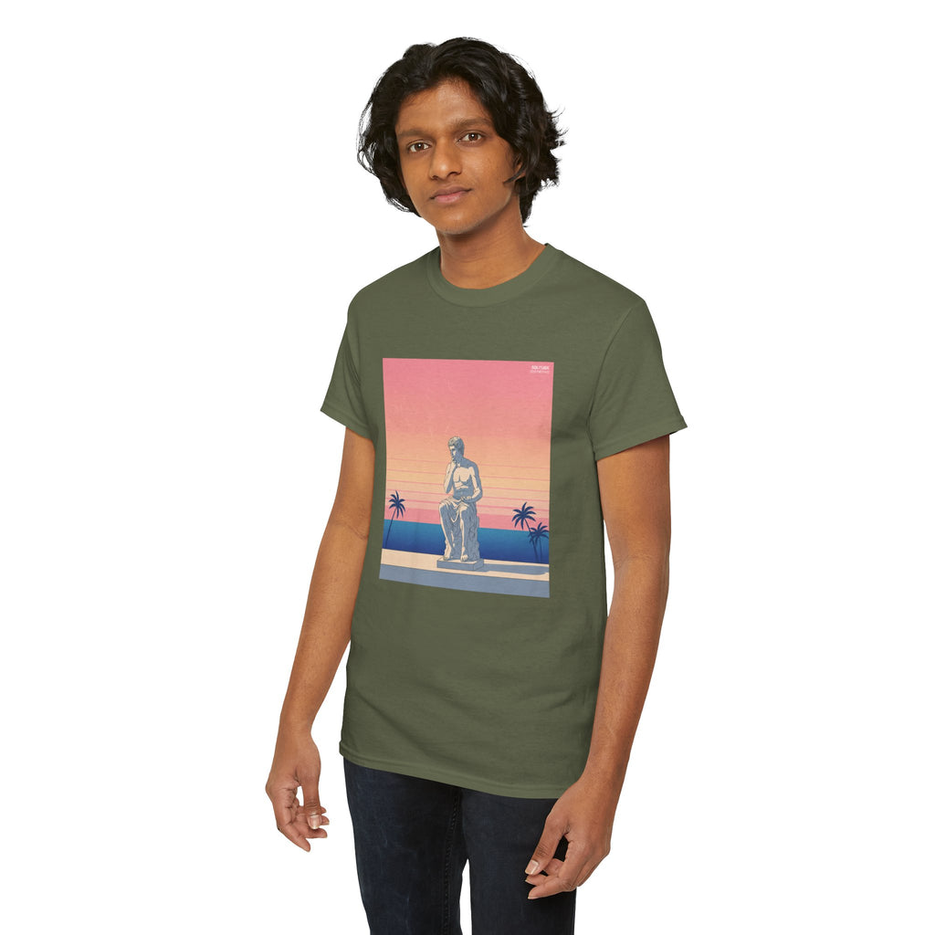 Retro Sunset Statue T-Shirt — Vaporwave Beach Graphic Tee