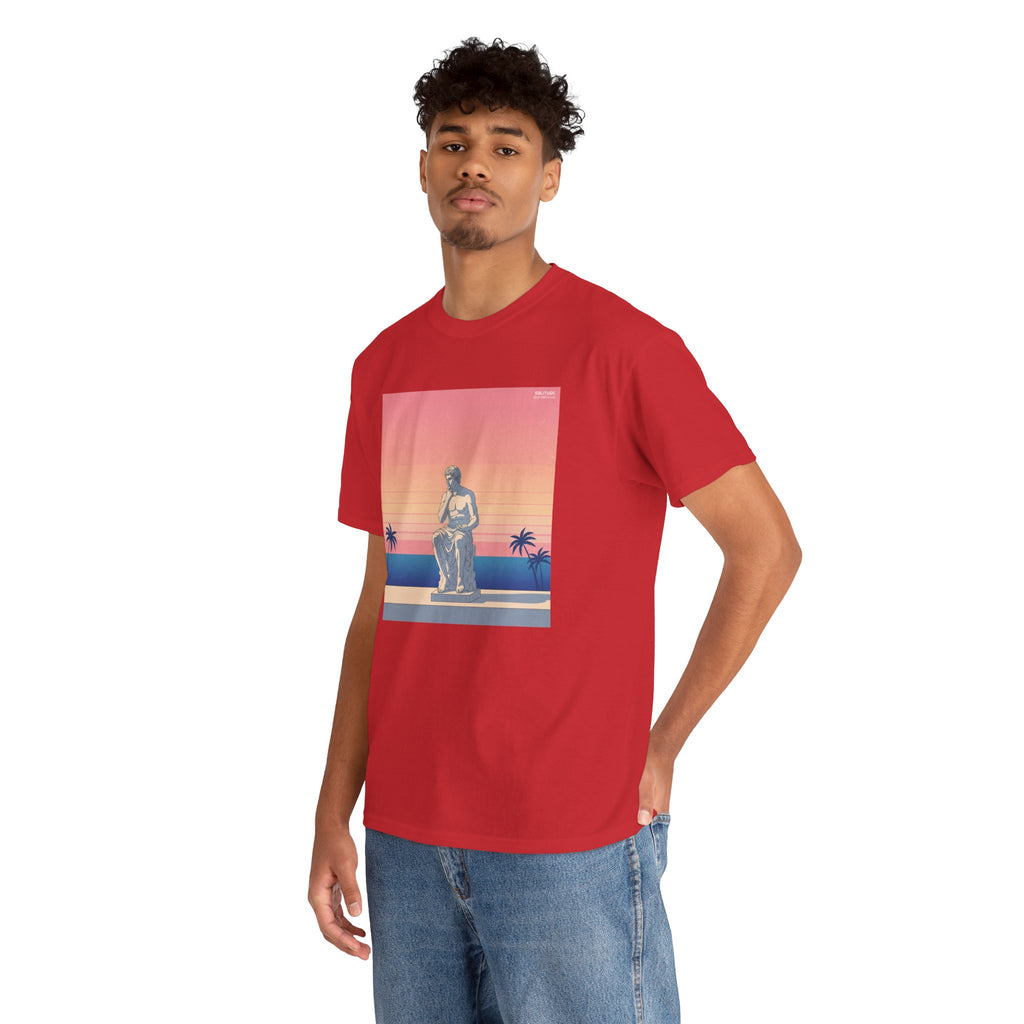 Retro Sunset Statue T-Shirt — Vaporwave Beach Graphic Tee