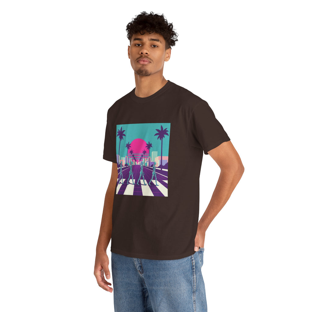 Retro Sunset Beach Tee — Vaporwave Palm Tree Skate Crossing T-Shirt
