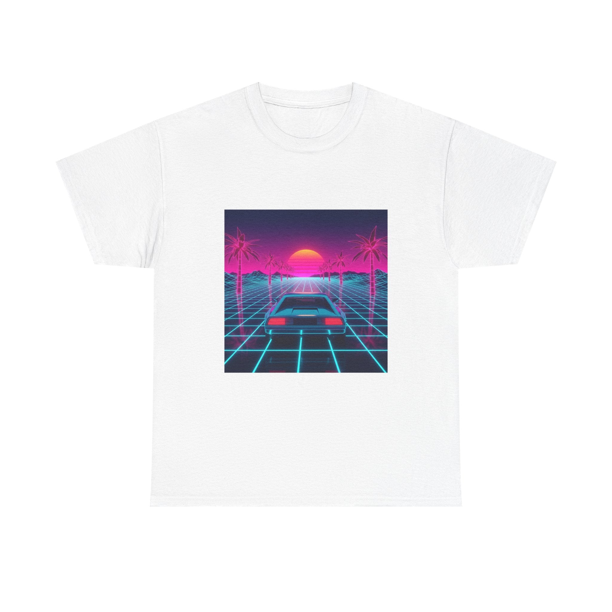 Vaporwave Sunset Drive Tee | Retro 80s Neon Car Grid Palm Trees