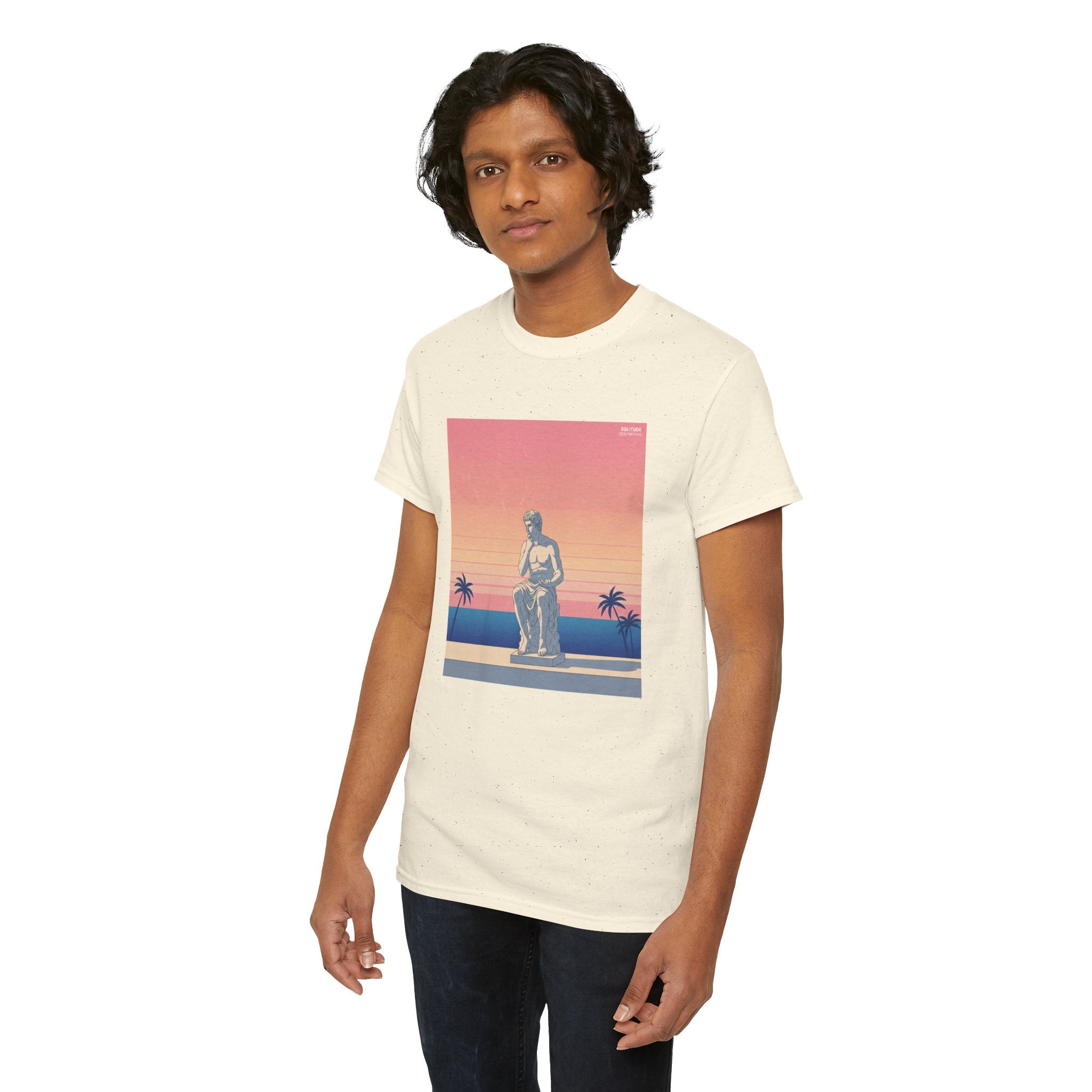 Retro Sunset Statue T-Shirt — Vaporwave Beach Graphic Tee