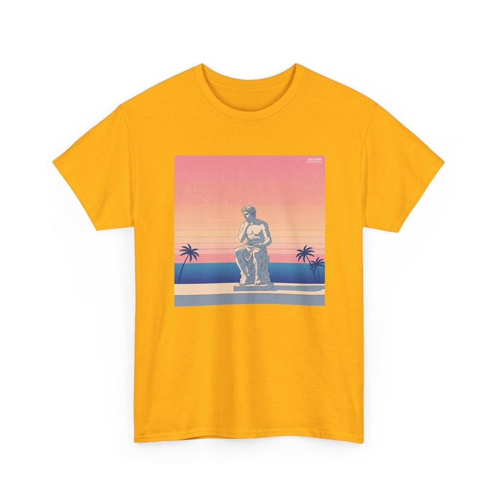 Retro Sunset Statue T-Shirt — Vaporwave Beach Graphic Tee