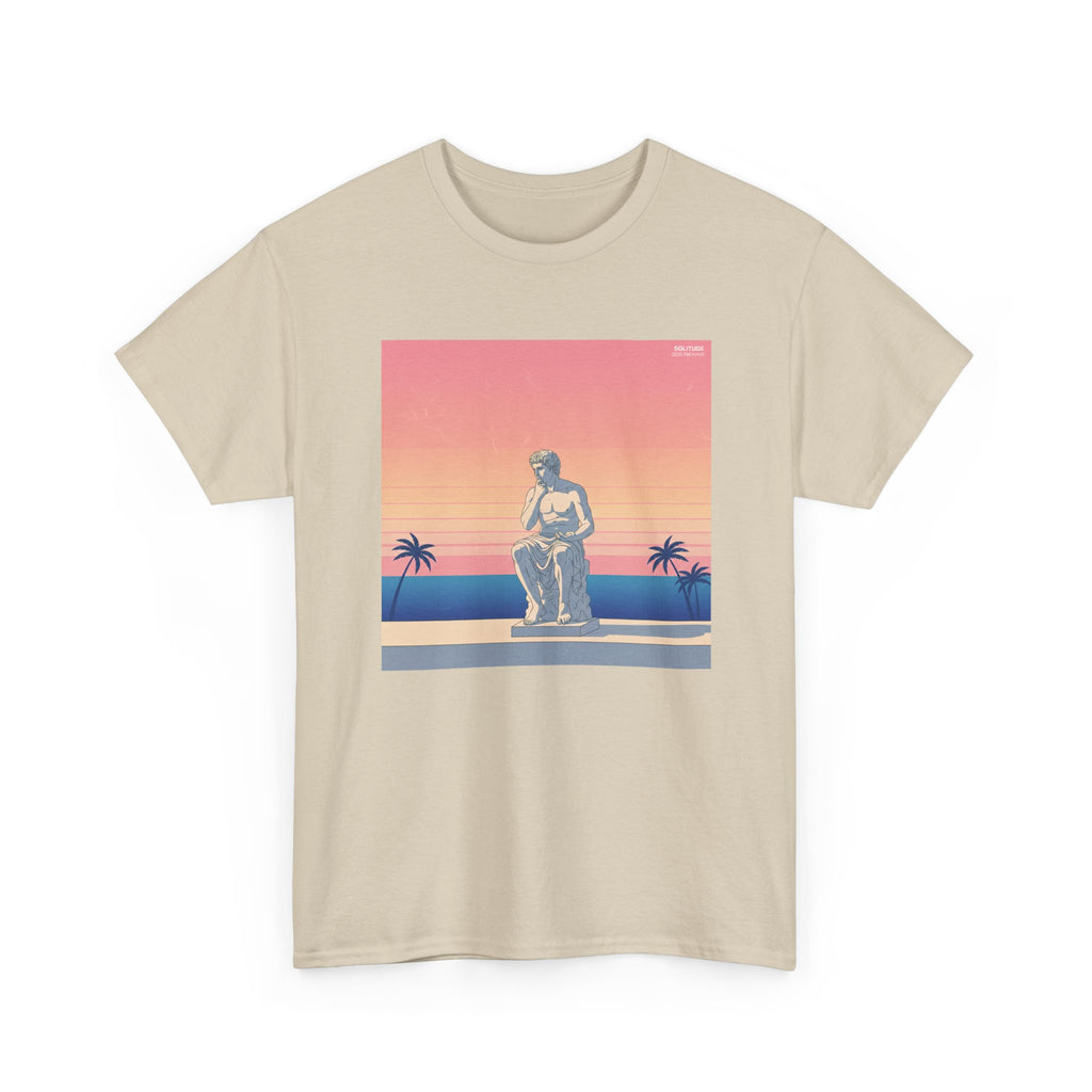 Retro Sunset Statue T-Shirt — Vaporwave Beach Graphic Tee