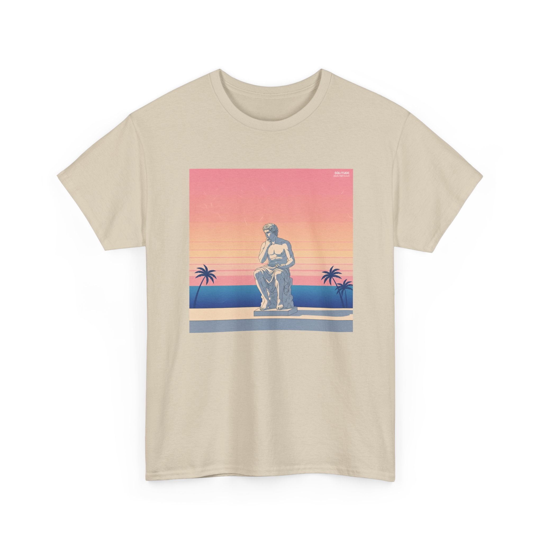 Retro Sunset Statue T-Shirt — Vaporwave Beach Graphic Tee