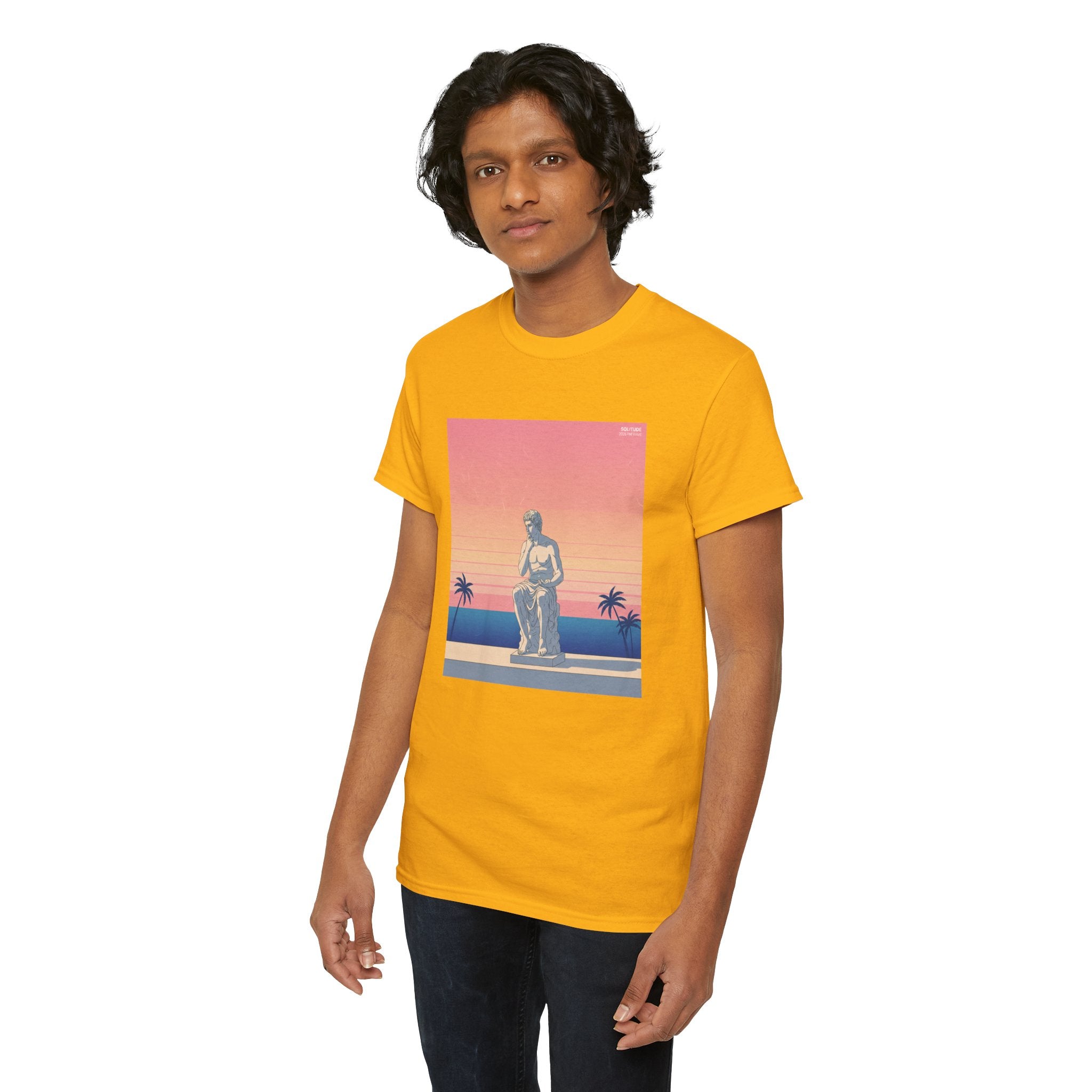 Retro Sunset Statue T-Shirt — Vaporwave Beach Graphic Tee