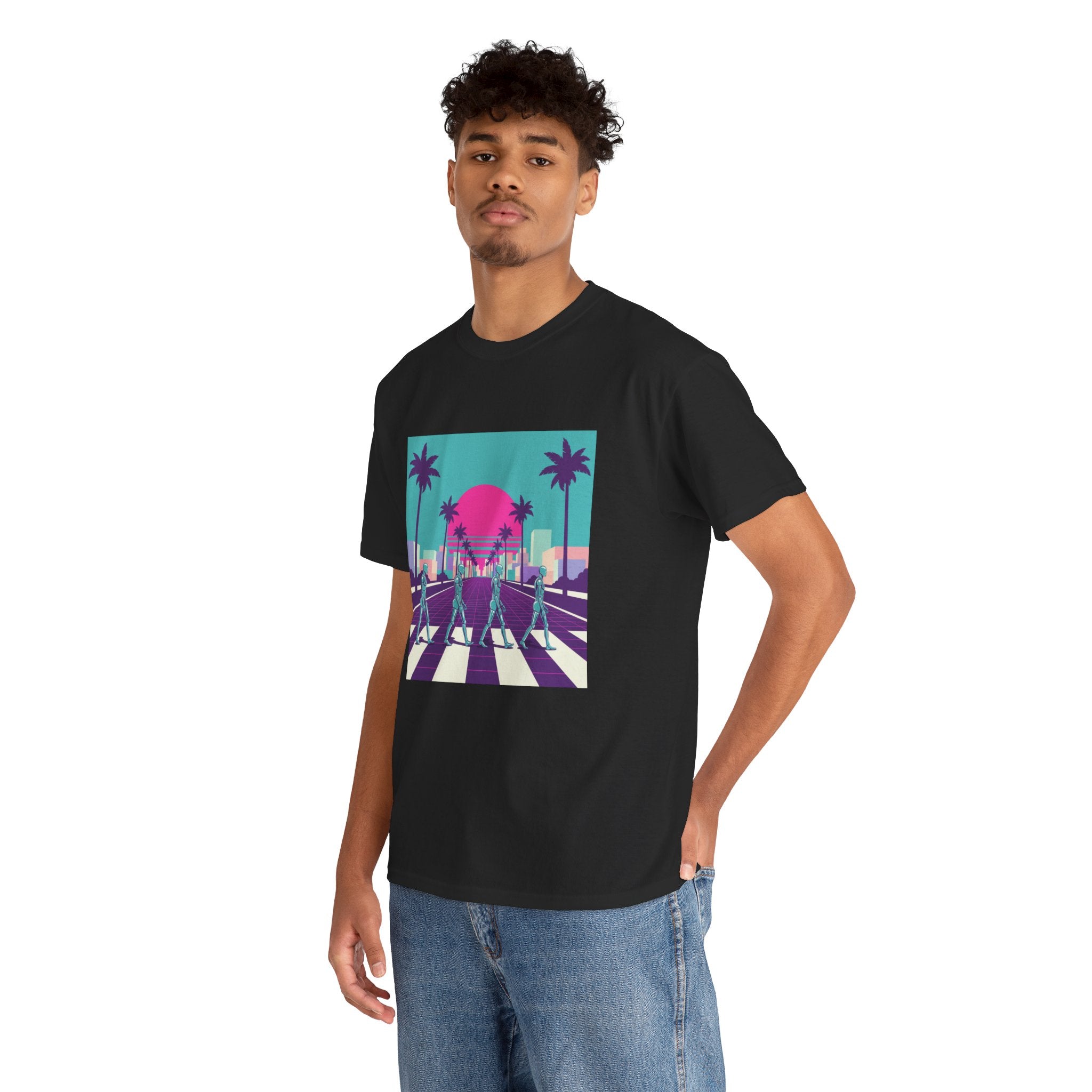 Retro Sunset Beach Tee — Vaporwave Palm Tree Skate Crossing T-Shirt