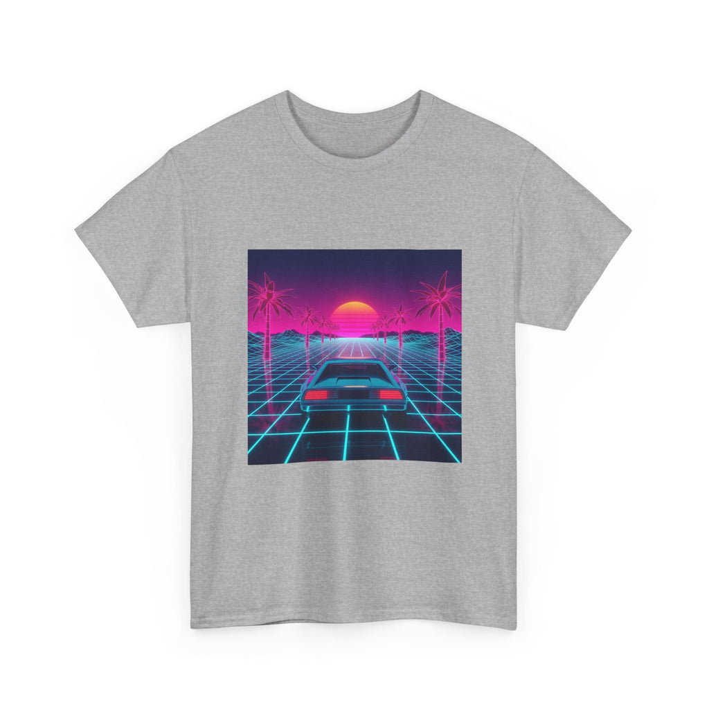 Vaporwave Sunset Drive Tee | Retro 80s Neon Car Grid Palm Trees