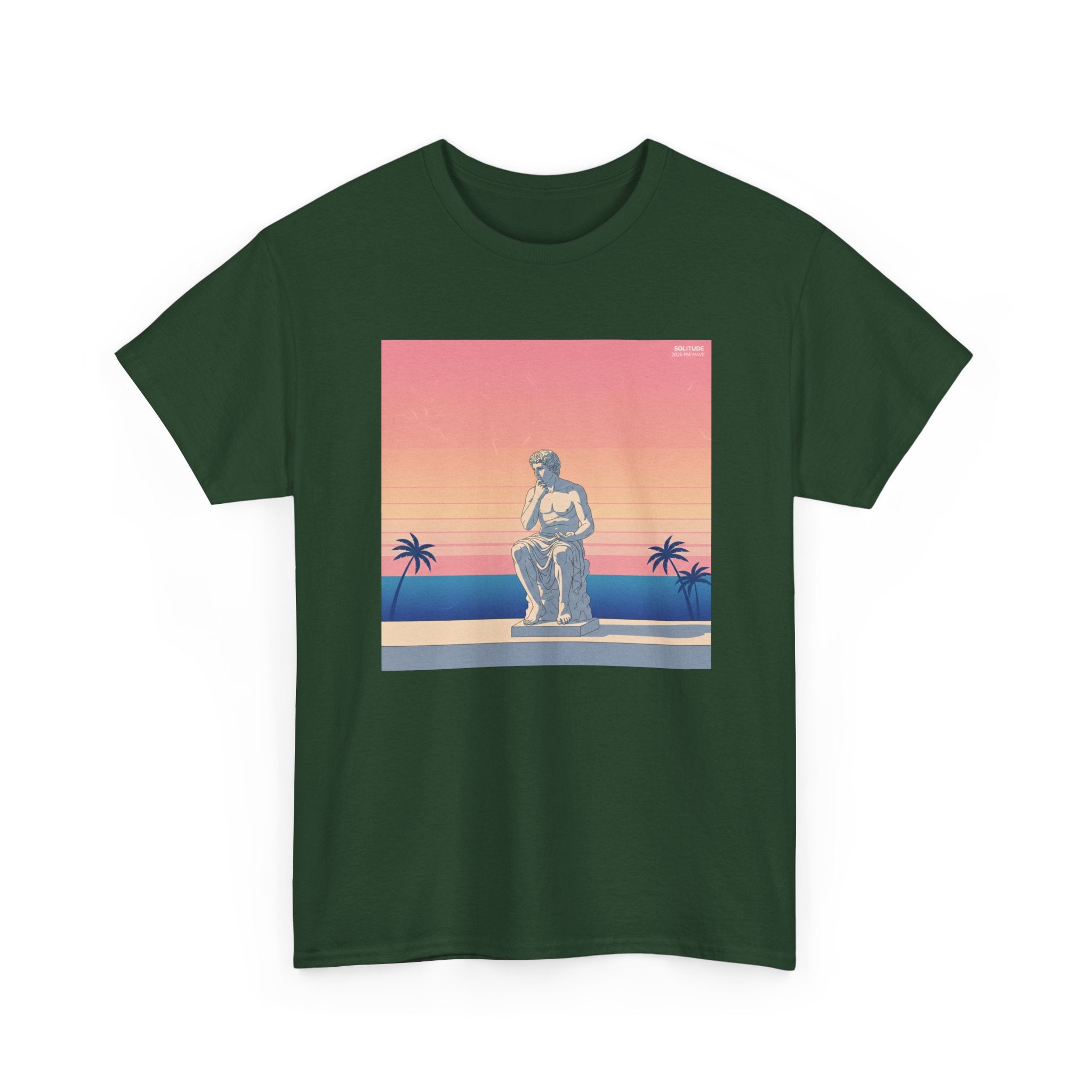 Retro Sunset Statue T-Shirt — Vaporwave Beach Graphic Tee